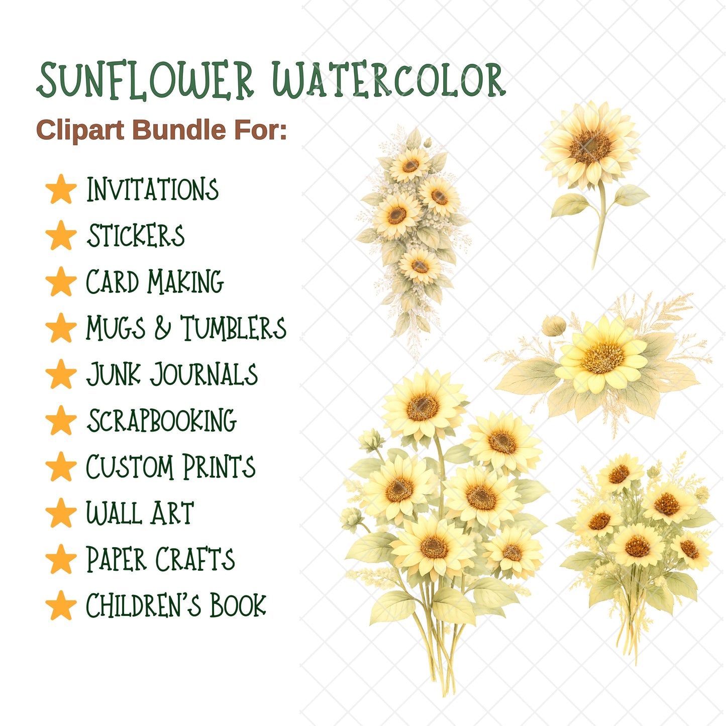 Sunflower Watercolor Clipart Bundle – Yellow Floral PNG for Wedding, Sublimation, Wall Art & Crafts, Hand Painted Flowers, 49 PNG