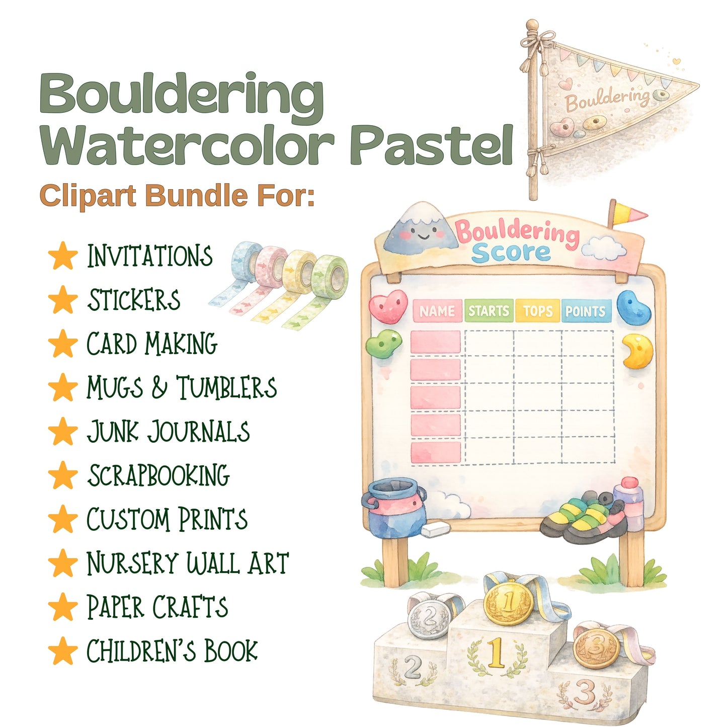 Bouldering Watercolor Clipart – 52 Kids Climbing PNGs – Pastel Rock Climbing Gym Sports Bundle