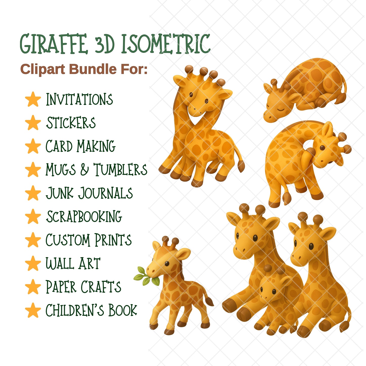3D Giraffe Clipart Bundle – 52 Cute Isometric Jungle PNGs | Safari Nursery Art