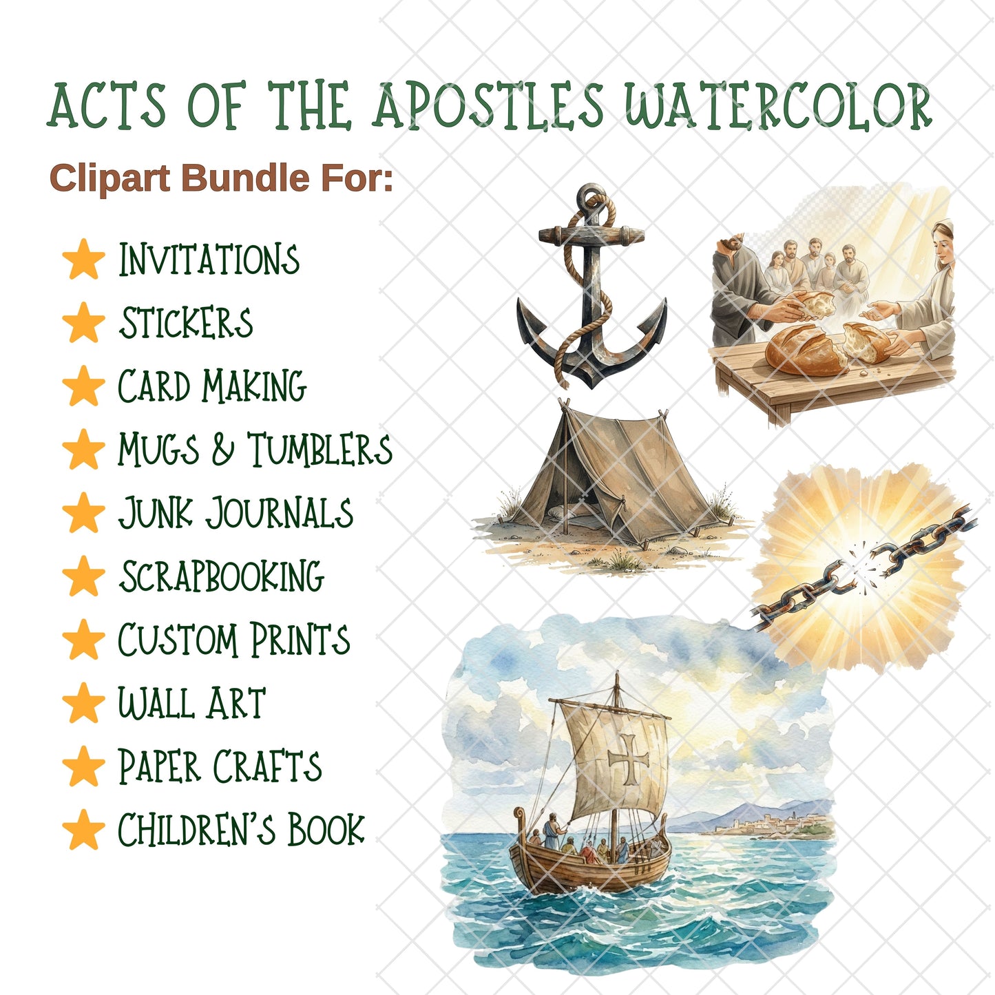 Acts of the Apostles Watercolor Clipart PNG Bundle – 60 Christian Bible Story Illustrations