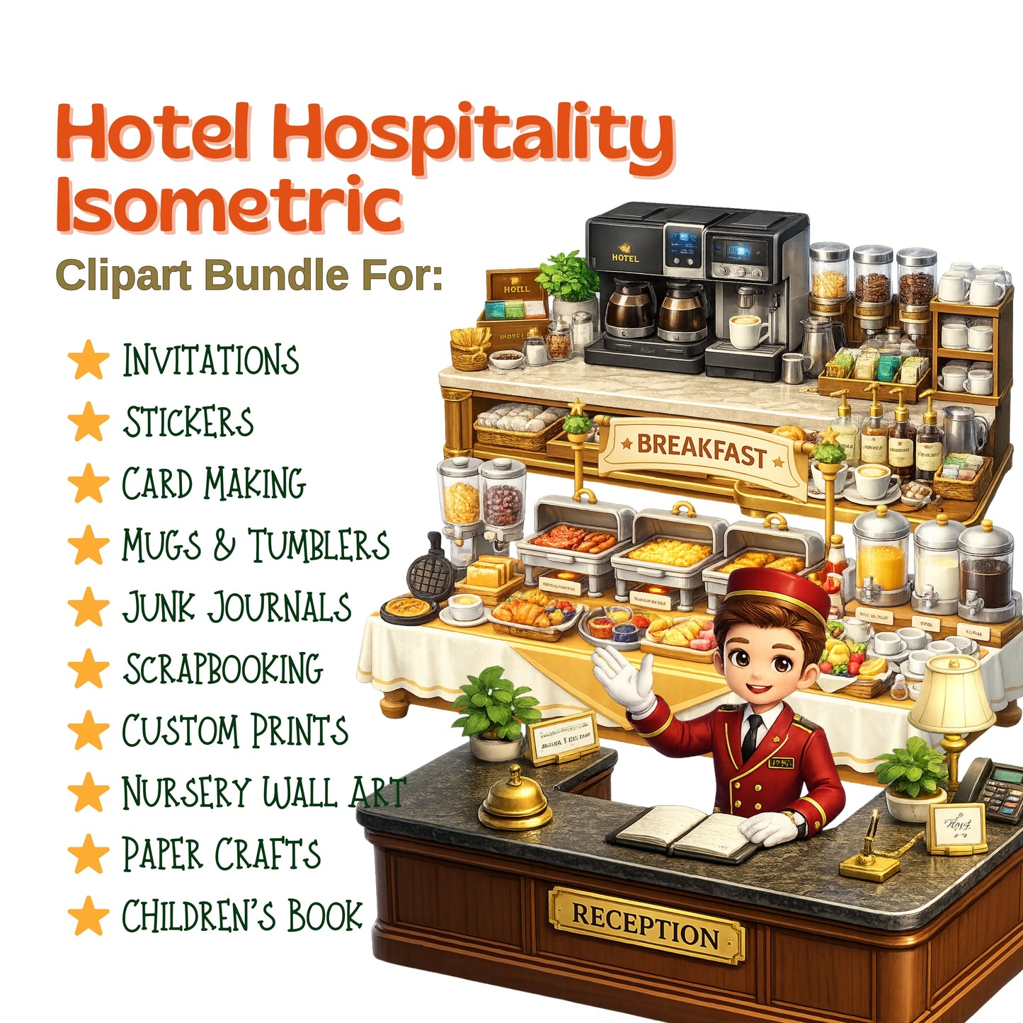 Hotel Hospitality 3D Clipart Bundle – Isometric Travel PNGs (48 Files) – Tourism, Airbnb & Hotel Branding Graphics
