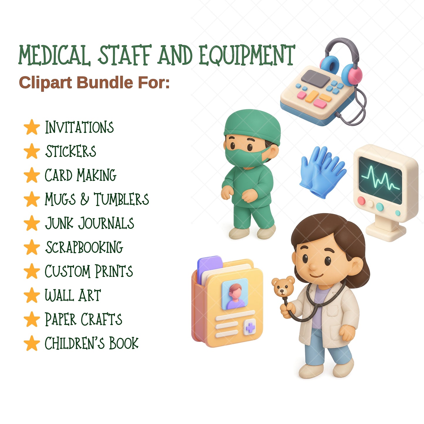 Medical Staff Clipart PNG Bundle – 53 Cute Hospital, Nurse & Doctor Graphics (Digital Download)