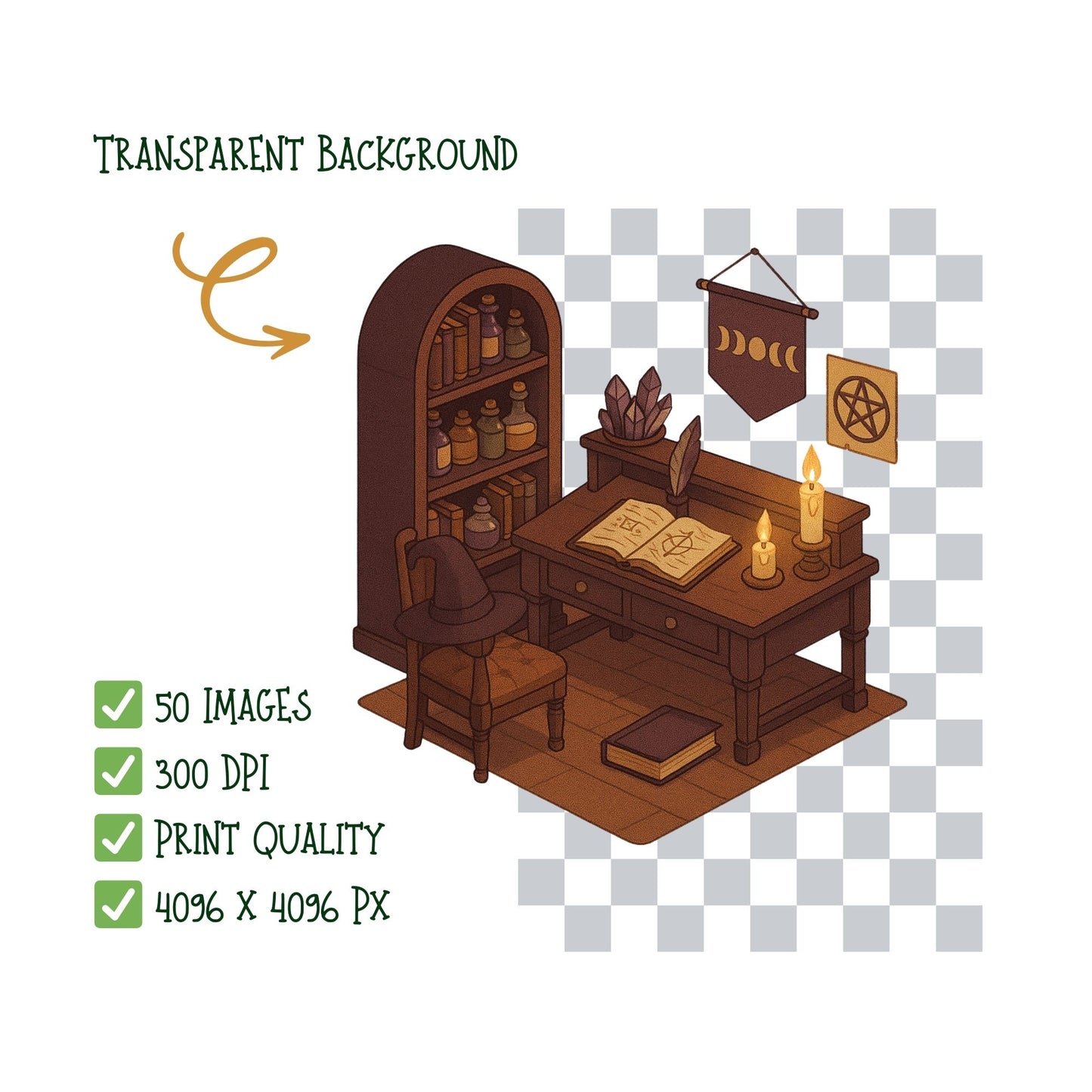 Witch Academia 3D Clipart PNG – Mystic Study, Spell Books, Crystals & Cauldrons (50 PNG)