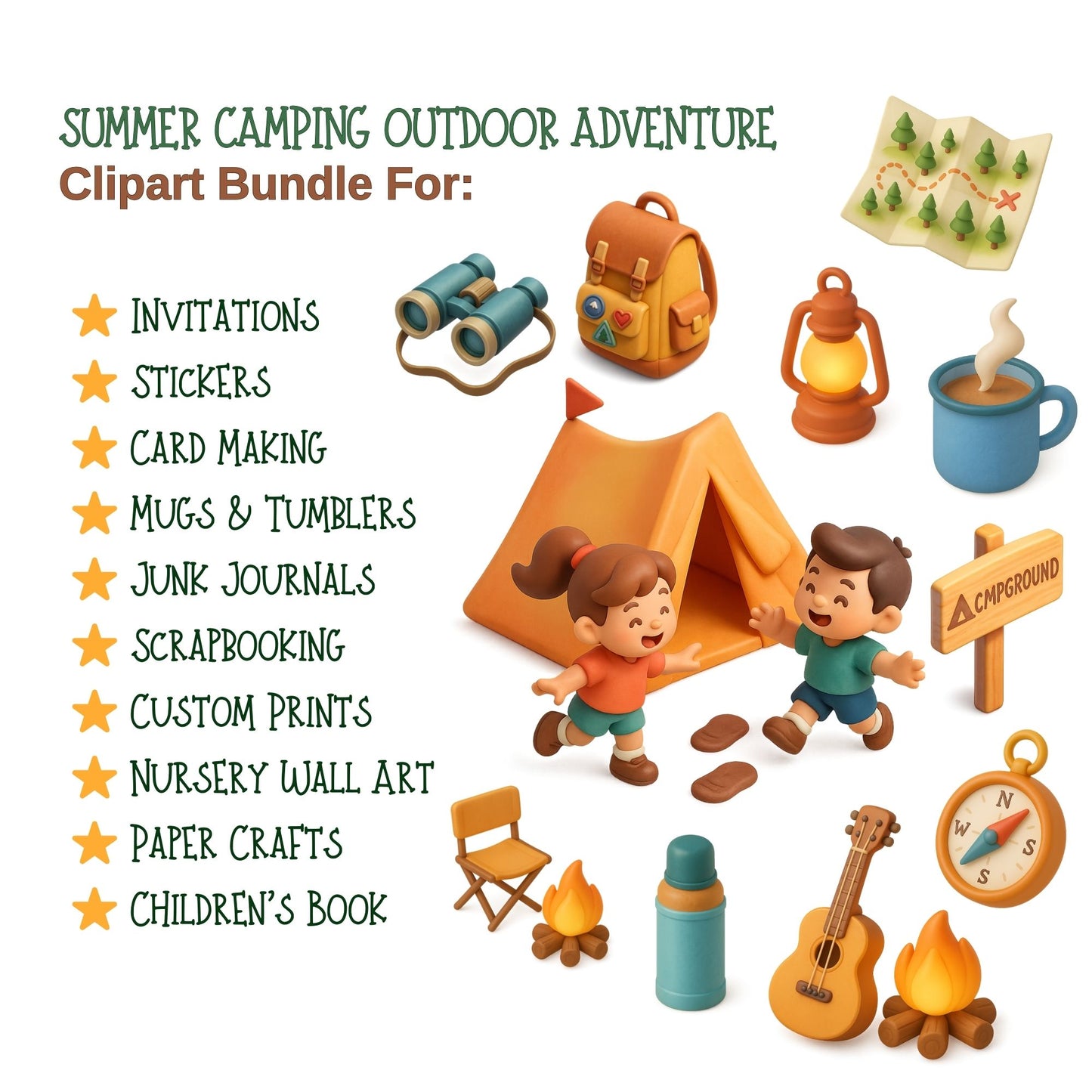 Summer Camping Clipart Bundle – Outdoor Adventure PNGs (55 Files) | Family Campfire, Tent & Hiking Art