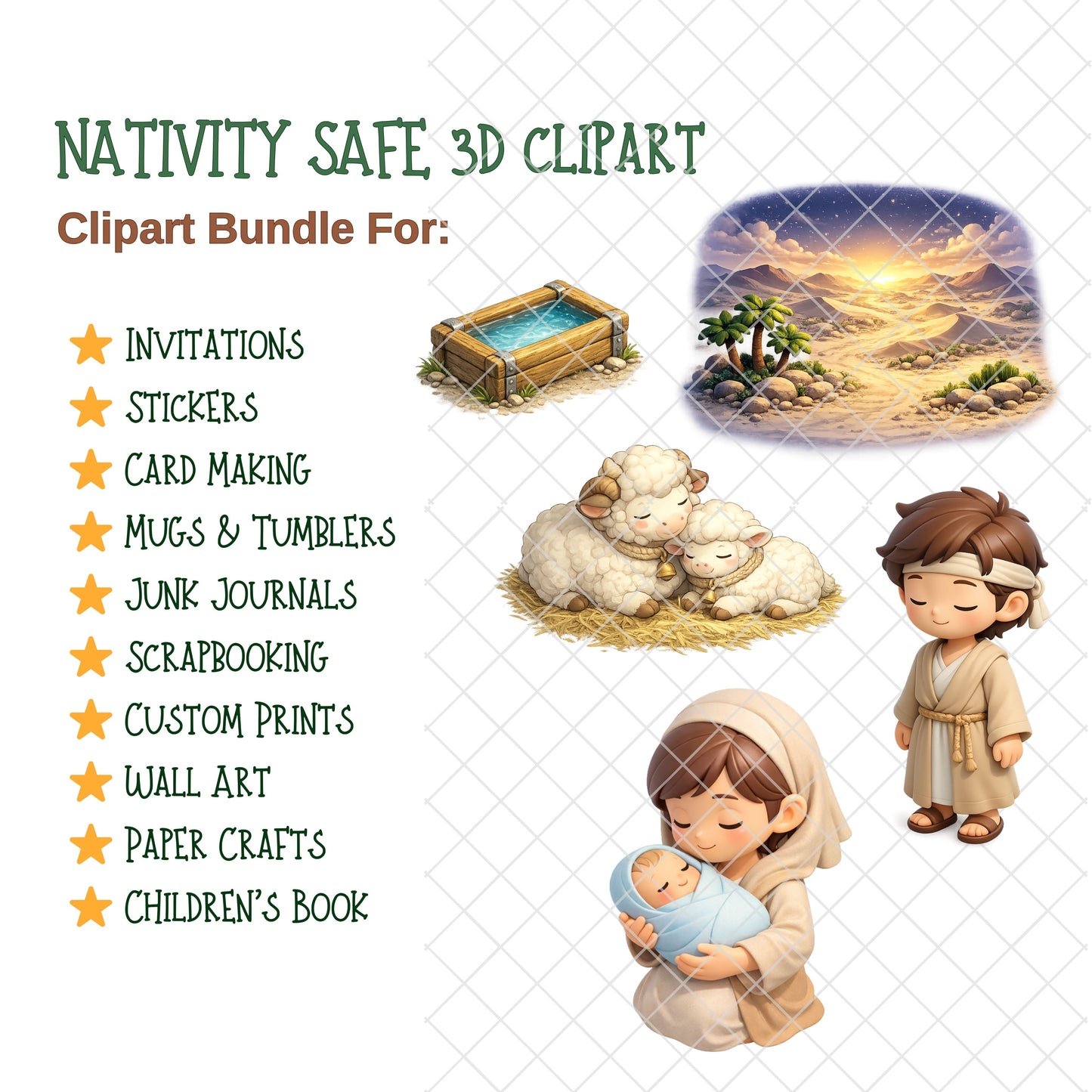 Nativity 3D Clipart PNG Bundle – 50 Christmas Bible Scene Graphics for Sunday School & Church