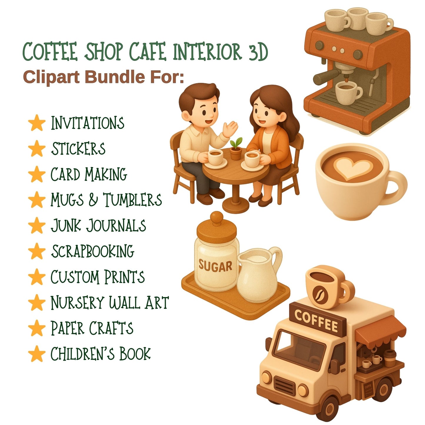 3D Coffee Shop Clipart – Café Interior PNG Set, Cozy Coffee Bar, Barista, Espresso Machine & Bakery Decor (60 PNG)