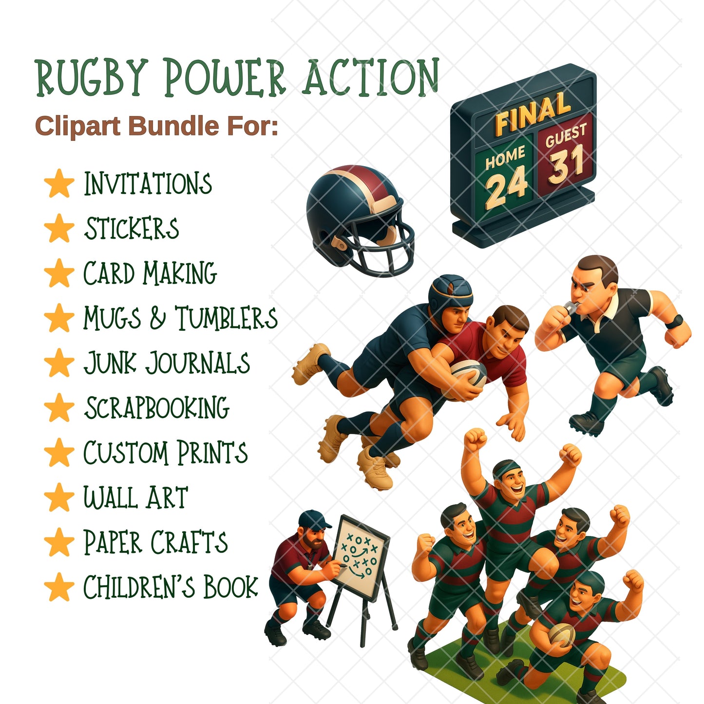 Rugby 3D Clipart Bundle – Rugby Players in Action PNG, Sports Team Graphics, Balls, Helmets & Victory Poses, 70 PNG