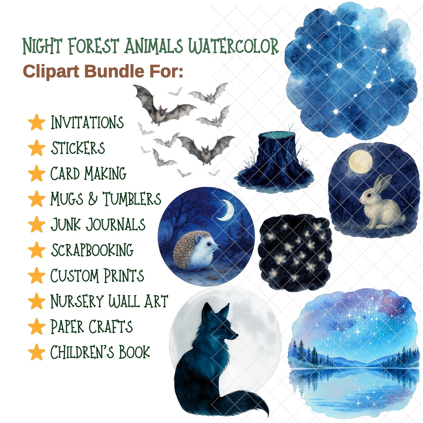 Night Forest Animals Watercolor Clipart Bundle – Nocturnal Wildlife PNG, Owl Wolf Moon Fantasy Nature Art for Nursery, Crafts & Sublimation, 51 PNG