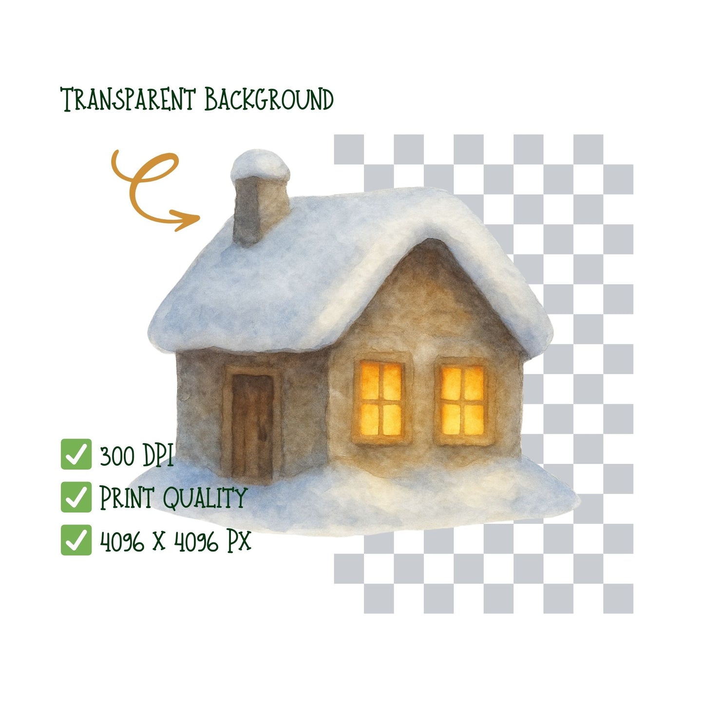 Winter Village Watercolor Clipart – Cozy Cabin Snow PNG Bundle, Rustic Christmas Winter Scenes (53 Files)