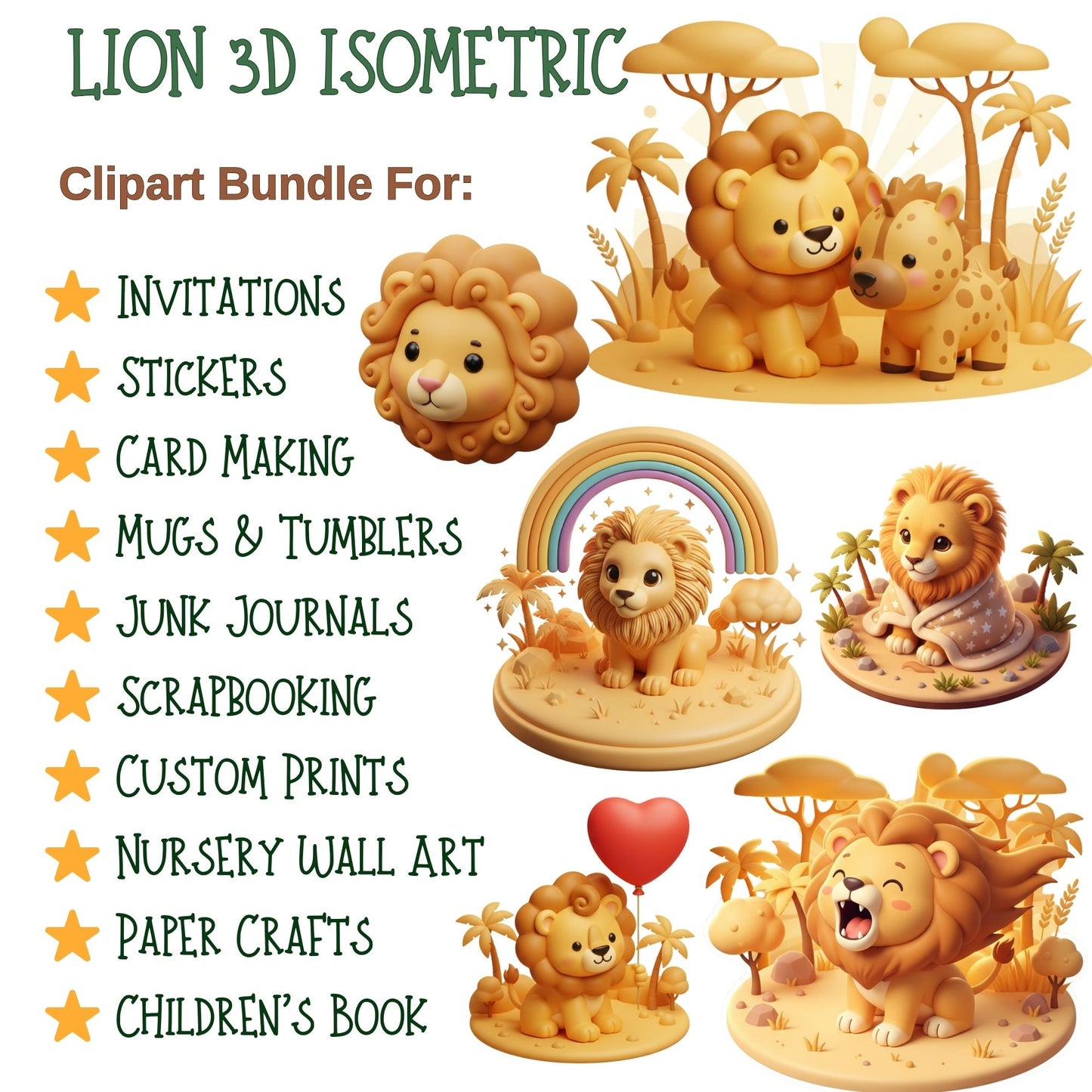 3D Safari Animal Clipart – Cute Lion PNG Bundle | Nursery Art, Baby Shower, Jungle Animals (50 Files)