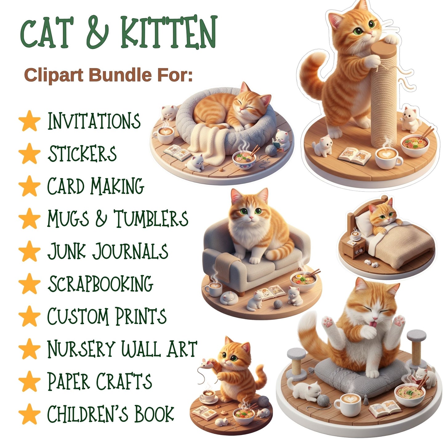 3D Cat Kitten PNG Clipart Bundle – Isometric Pet Lover Graphics | Cozy Cats, Cat Trees, Yarn, Tea Cups (50 Files)