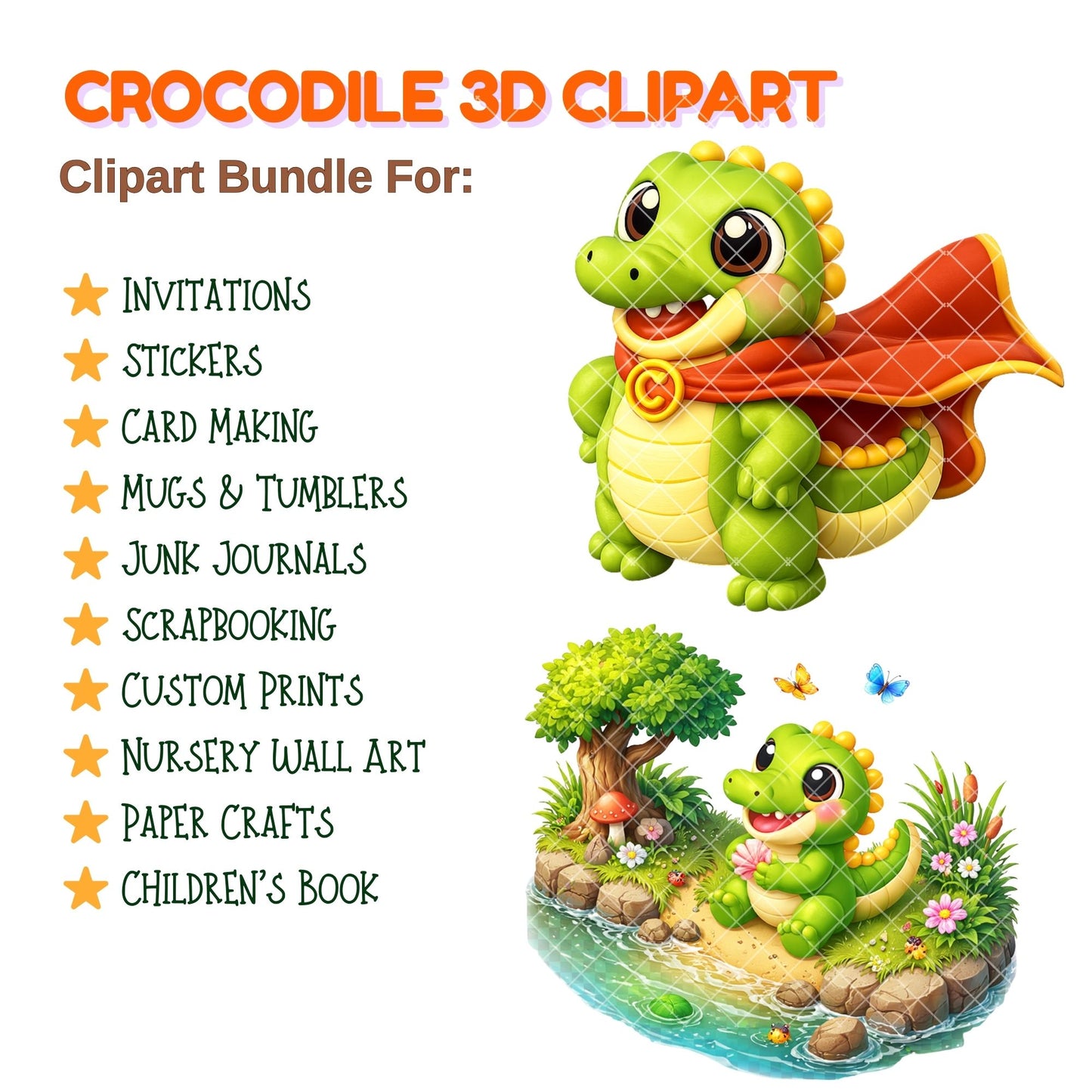 Cute Crocodile 3D Clipart – 41 Baby Croc PNG Files – Jungle Nursery Animal Graphics for Kids Crafts & Sublimation