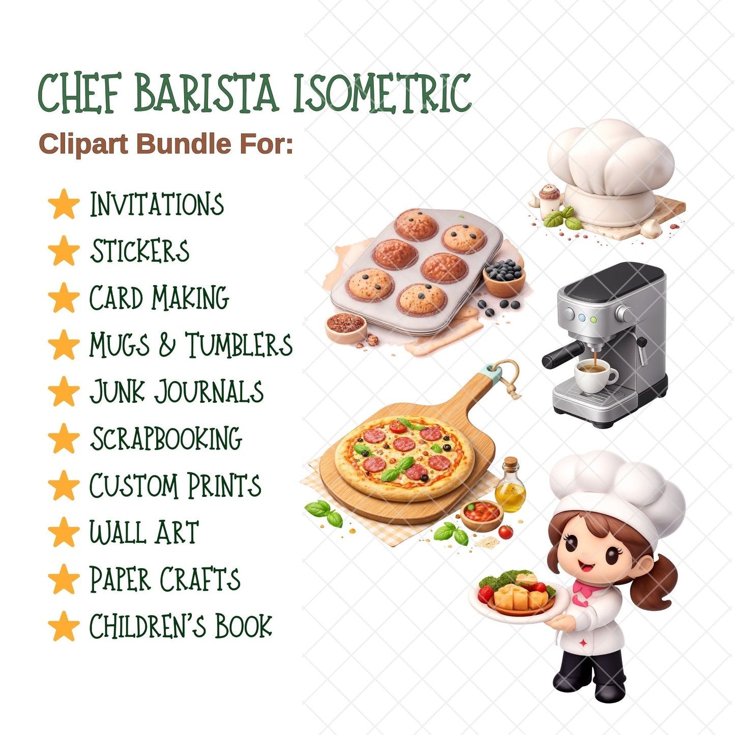 Chef and Barista PNG Clipart, Bakery & Cafe Isometric Graphics, Cute Kitchen Art, Recipe Cards, Stickers, Commercial Use, 50 PNG