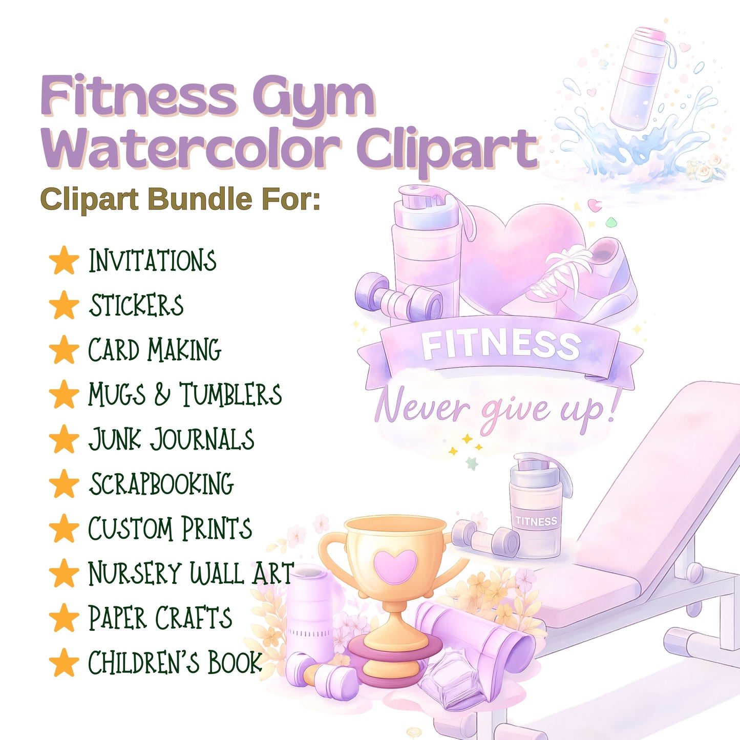 Fitness Gym Watercolor Clipart Bundle – Workout & Yoga PNG, Planner Stickers, Wellness Journal Art, Feminine Fitness Graphics, 50 PNG