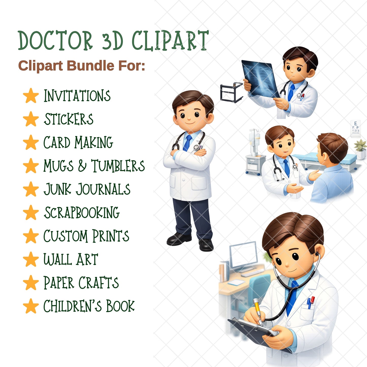 Doctor 3D Clipart Bundle – Medical & Healthcare Scenes PNG, Telehealth, Exams & Hospital Graphics, Educational Cartoon Art, 54 PNG