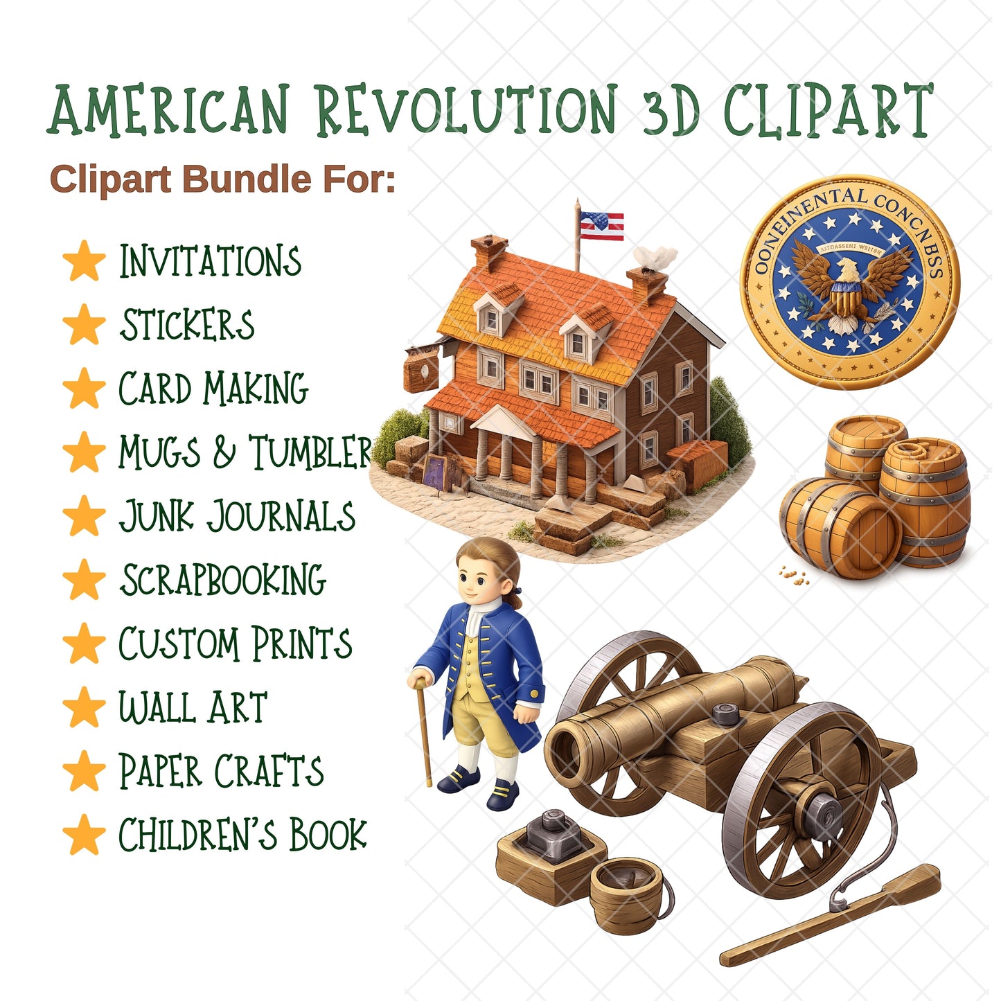American Revolution 3D Clipart Set – 60 PNG History Illustrations for Classroom & Homeschool