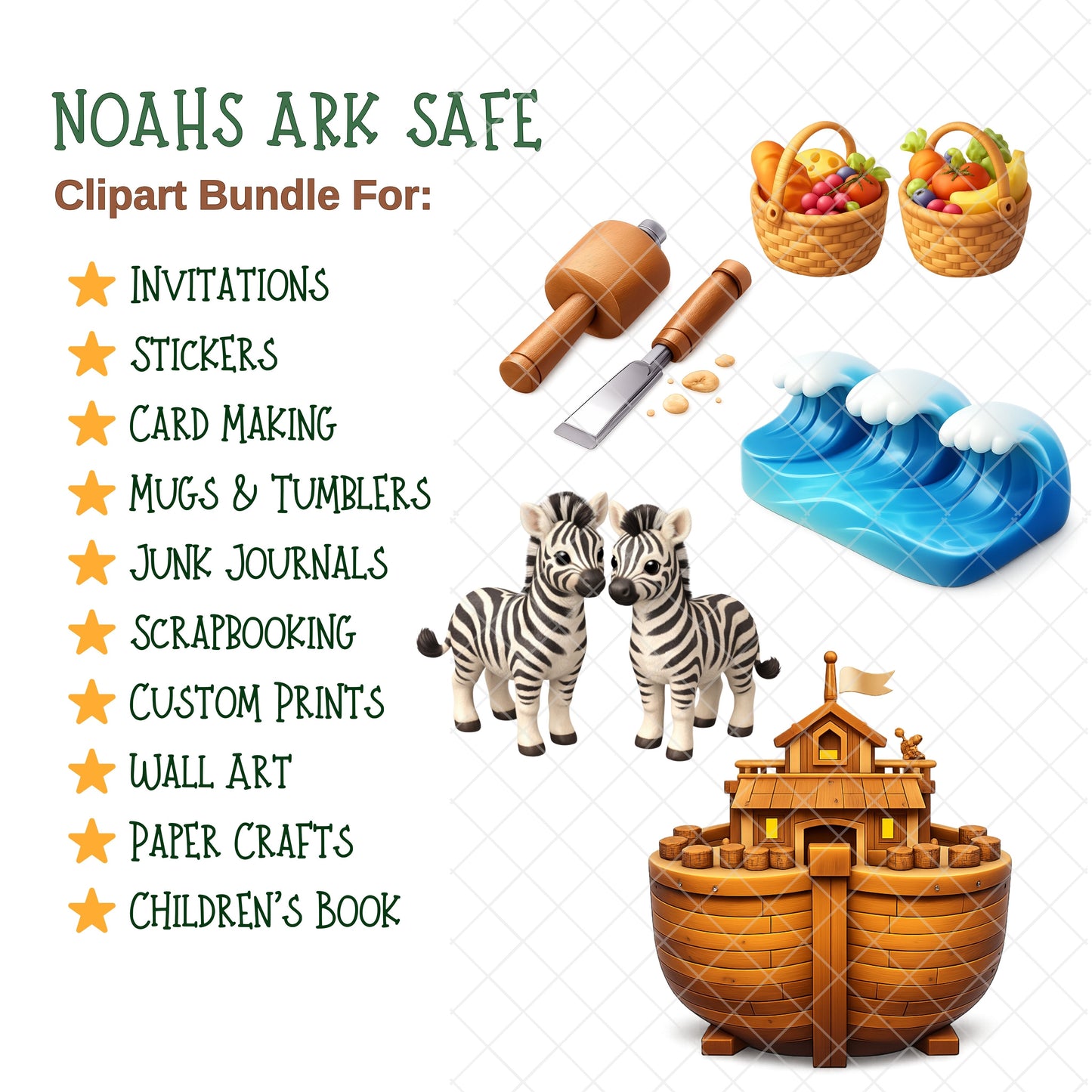 Noah’s Ark Clipart Bundle – 3D Bible Story PNG, Christian Kids Graphics, Ark & Animals Clipart, Sunday School Art, 60 PNG