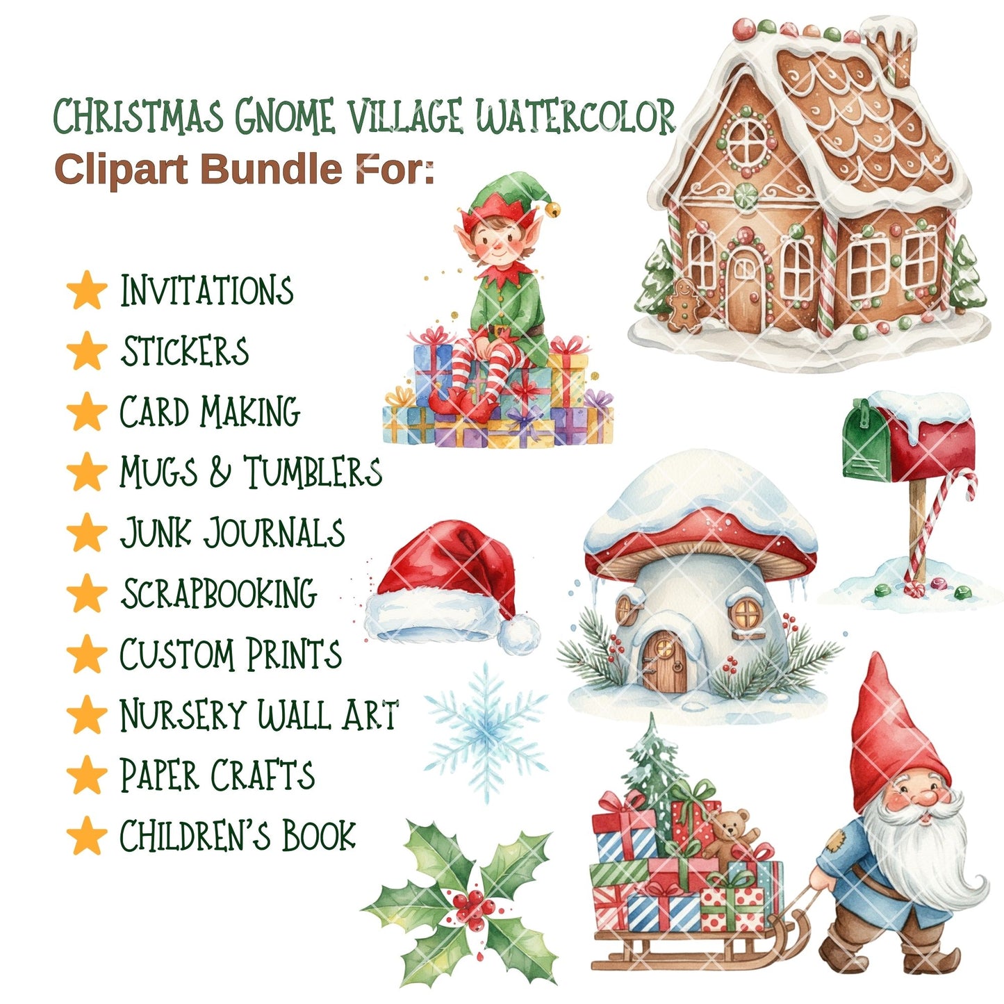 Christmas Gnome Village Watercolor Clipart Bundle – Cozy Winter Holiday PNG, Gnomes, Cabins & Gifts for Cards, Sublimation & Crafts, 54 PNG