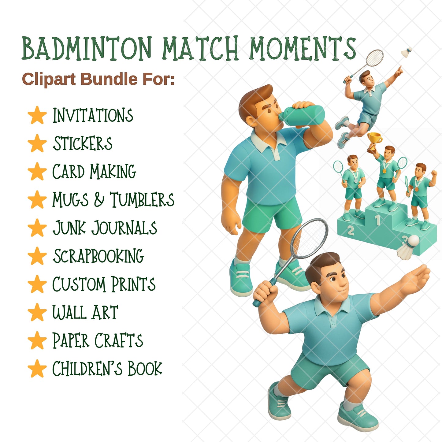 Badminton 3D Clipart Bundle – Match Moments PNG, Players, Rackets, Court Scenes & Trophies for Sports Graphics, 53 PNG