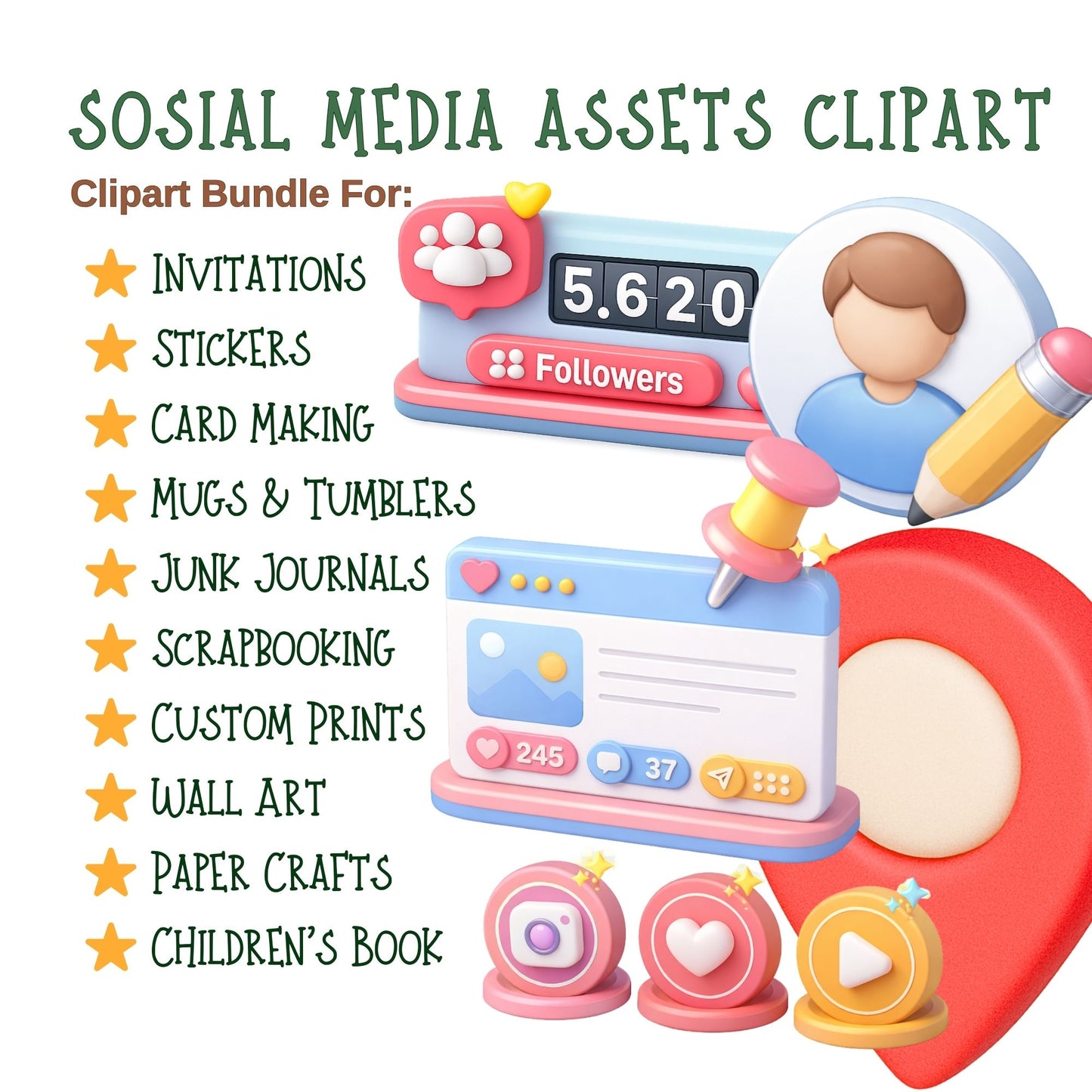Social Media 3D Clipart PNG Bundle – 59 Influencer Icons for Likes, Followers & Content Templates