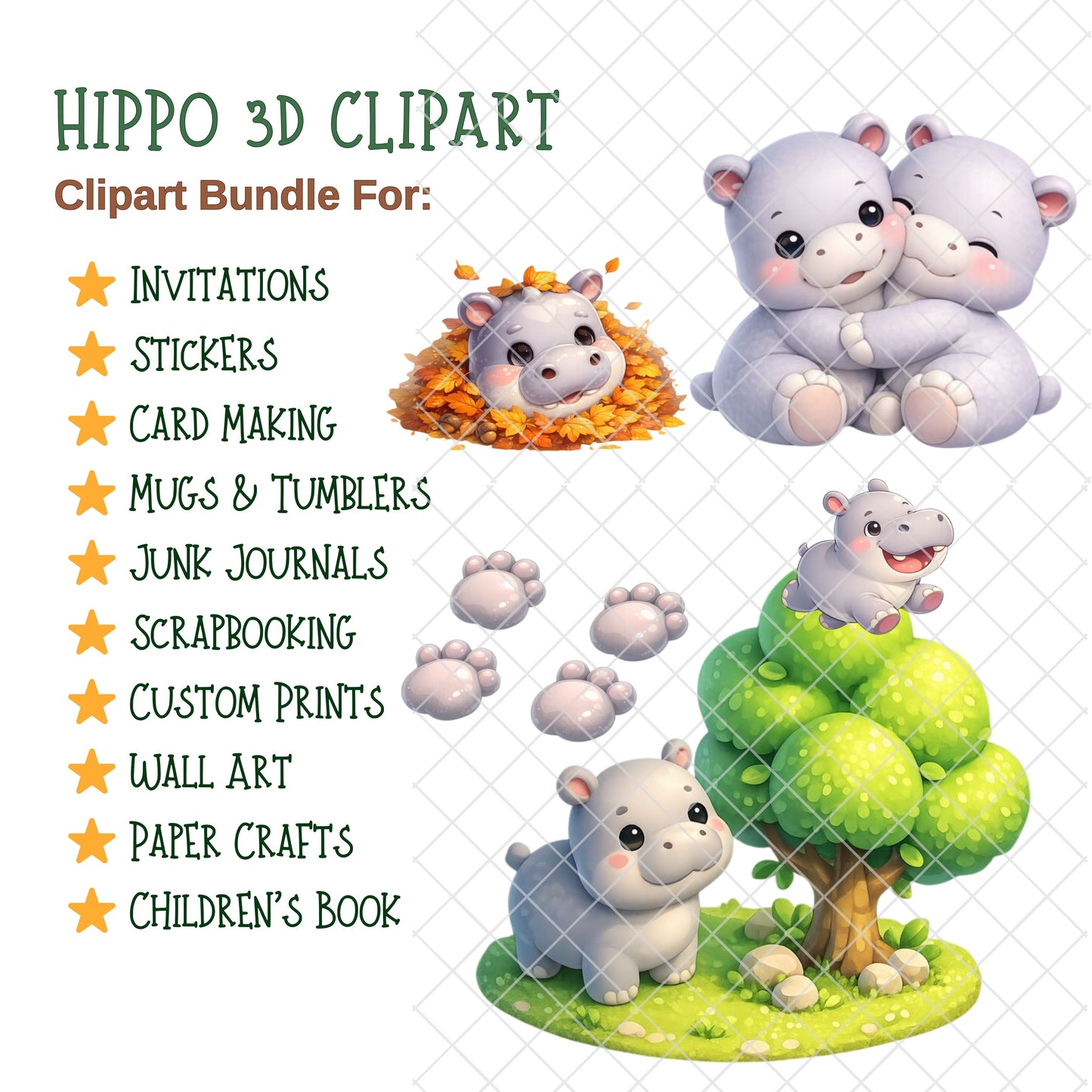 Hippo 3D Clipart PNG Bundle – 44 Cute Jungle & Safari Baby Hippo Graphics for Nursery & Kids Crafts