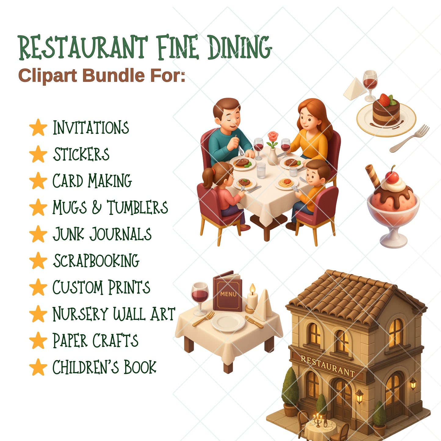 Fine Dining Watercolor Clipart – 65 PNG Restaurant & Bistro Graphics | Chef, Wine, Table Setting, Cafe Art