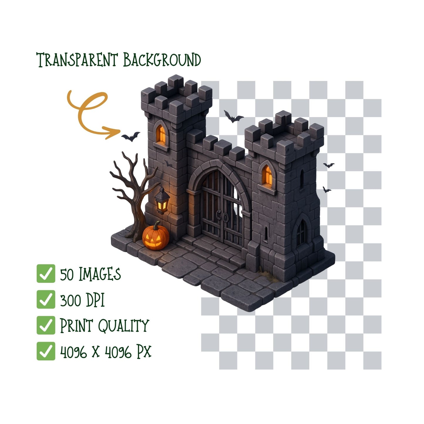 Halloween Haunted House 3D Clipart – Gothic Architecture PNG, Spooky Mansions, Graveyard & Dark Fantasy Decor (50 PNG)