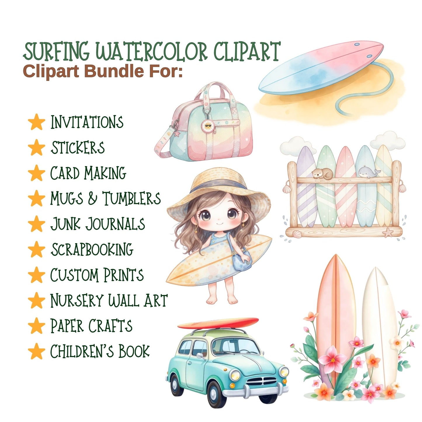 Surfing Watercolor Clipart – 55 Beach PNG Bundle – Surfers, Surfboards, Ocean Waves & Summer Coastal Graphics