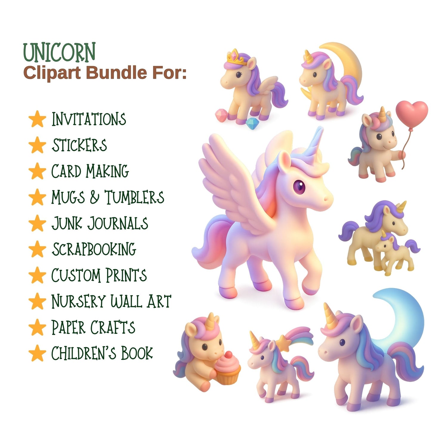 Unicorn PNG Clipart Bundle – 51 Cute Pastel Unicorn Graphics | Magical Creatures, Rainbows & Castle