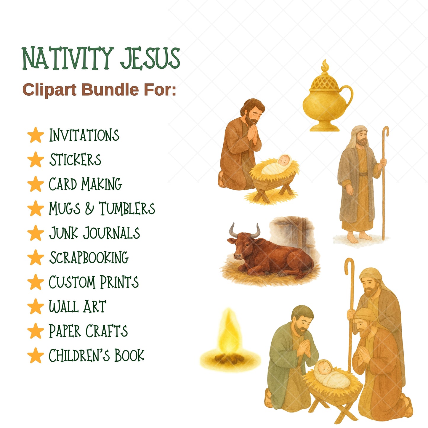 Nativity Scene Clipart PNG Bundle – 60 Jesus Birth Watercolor Graphics (Christian Christmas Digital Download)