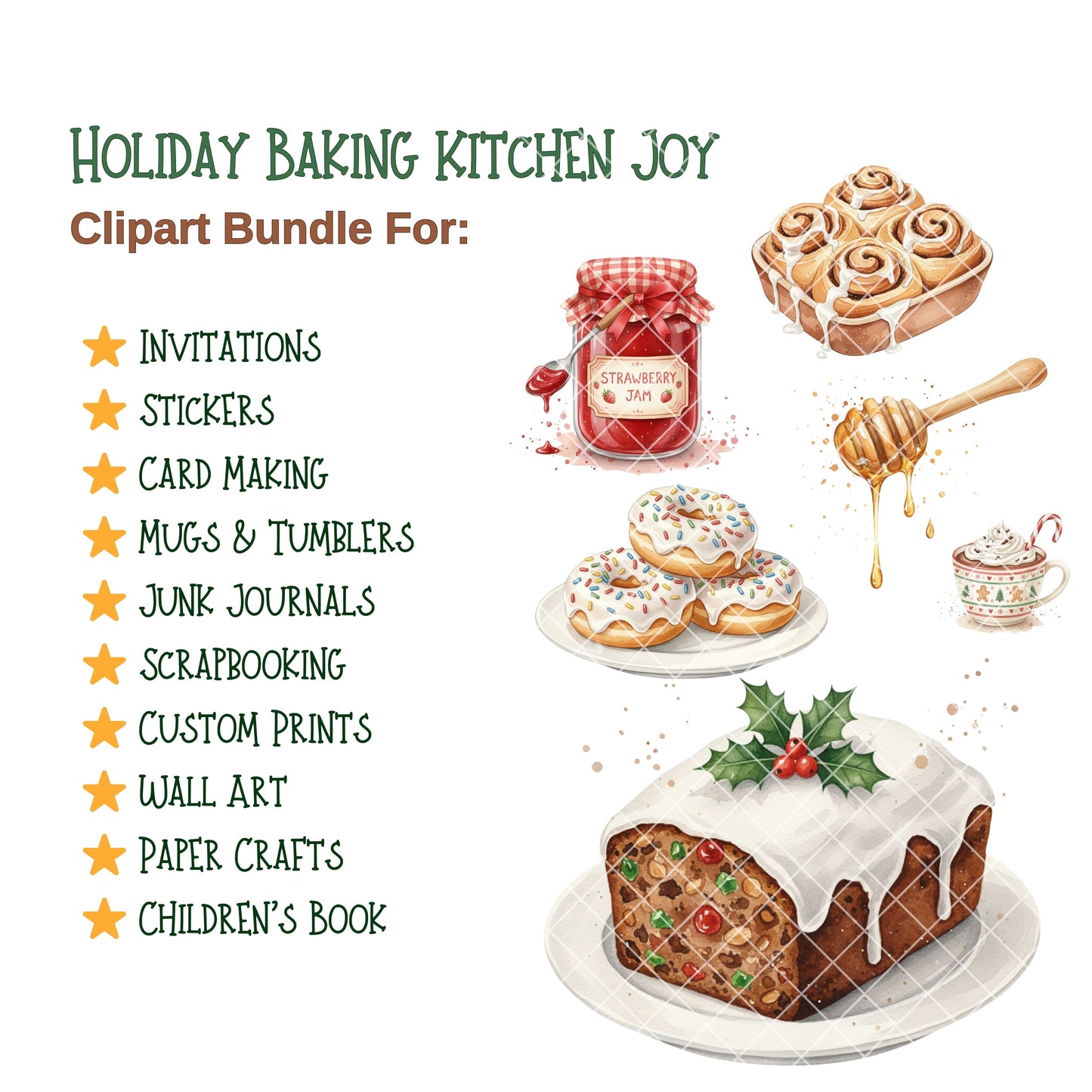 Christmas Baking Clipart – 56 PNG Watercolor Holiday Desserts & Kitchen Graphics | Gingerbread, Cookies, Cakes