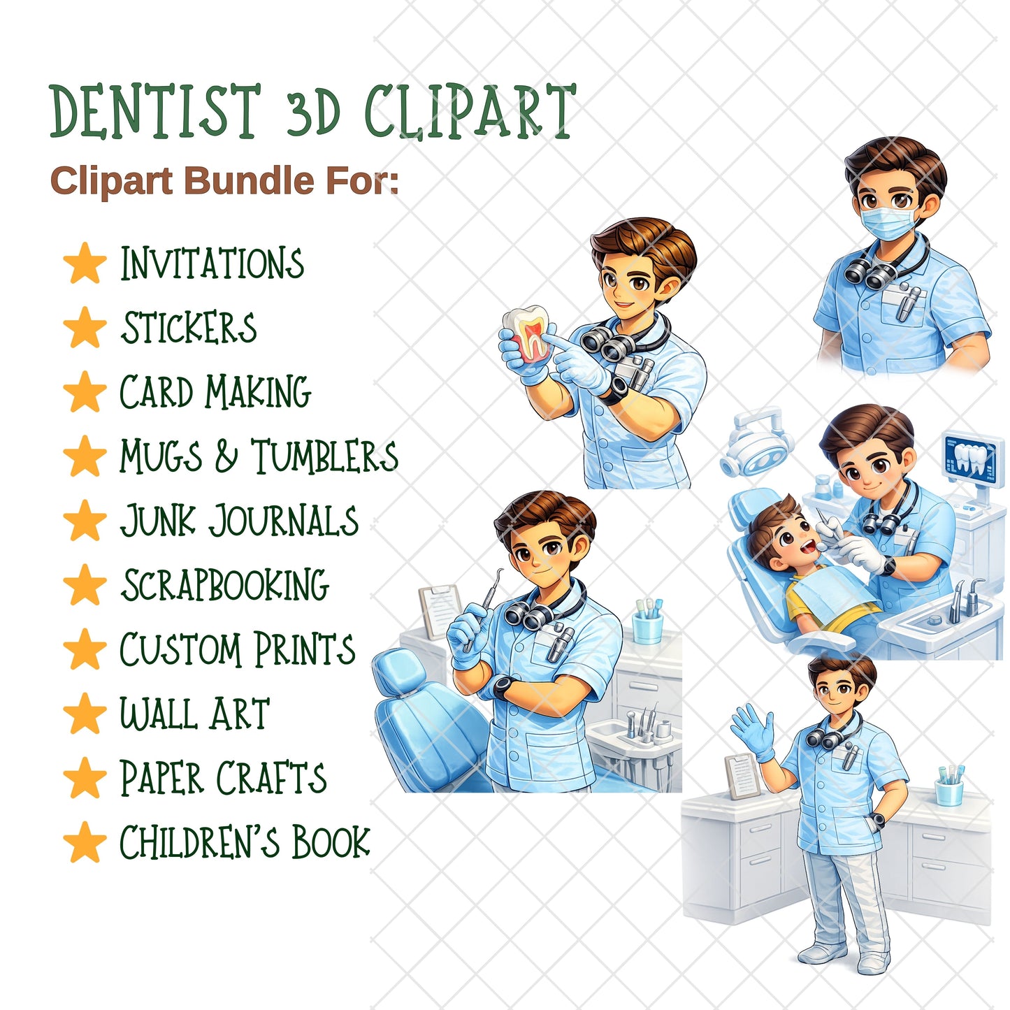 Dentist 3D Clipart PNG Bundle – 56 Isometric Tooth Care & Dental Office Graphics for Kids Education