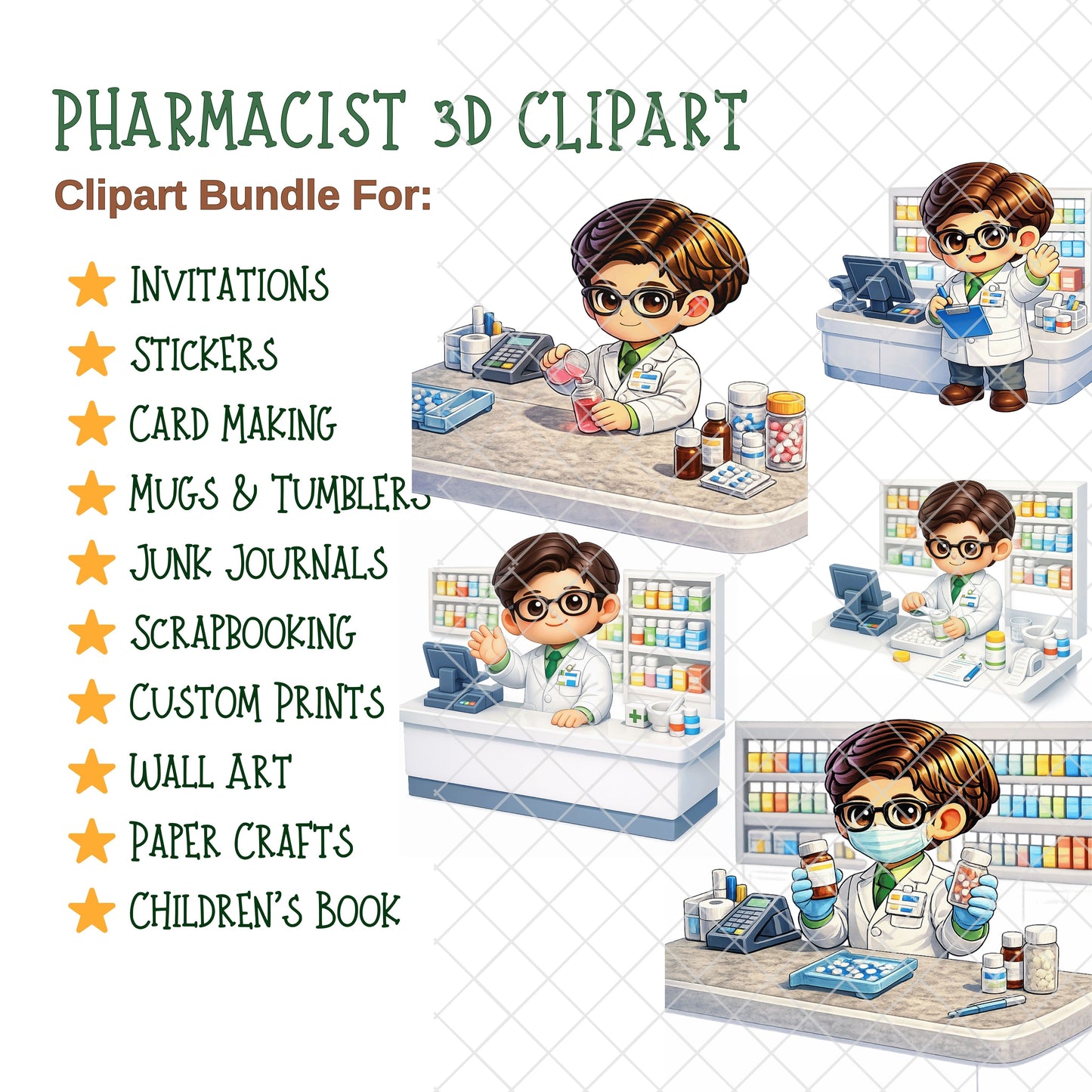Pharmacist 3D Clipart PNG Bundle – 55 Pharmacy Scene Graphics for Healthcare, Education & Branding
