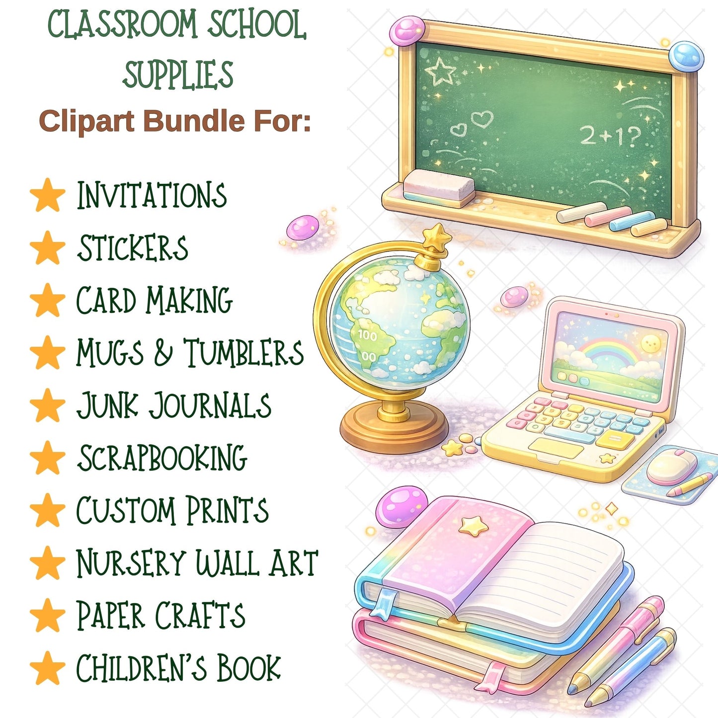 Classroom School Supplies Clipart PNG – 50 Pastel Education Graphics for Teachers, Planners & Kids Crafts