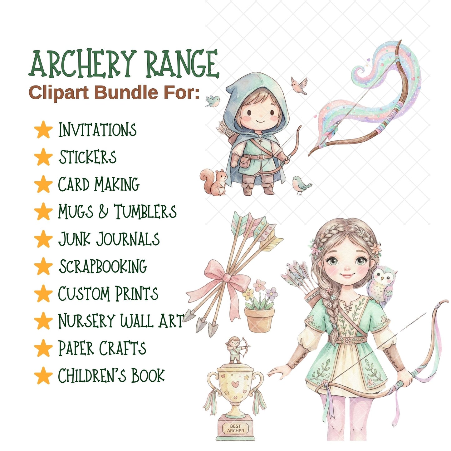 Archery Clipart Bundle – 40 Pastel PNG Files | Kids Archery, Targets, Bows & Adventure Graphics
