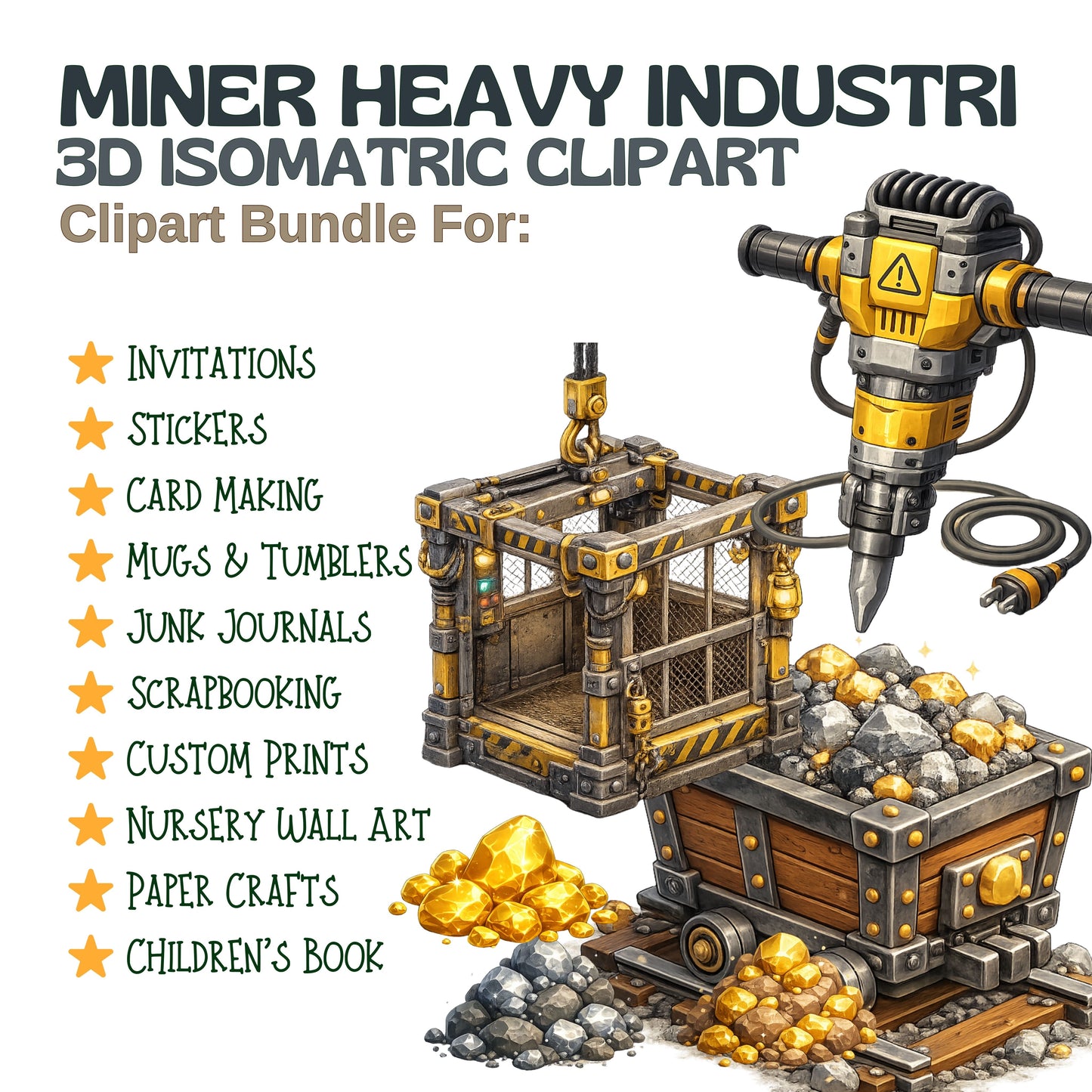 Miner 3D Isometric Clipart Bundle – Mining Equipment PNGs (44 Files) – Heavy Industry, STEM & Construction Graphics