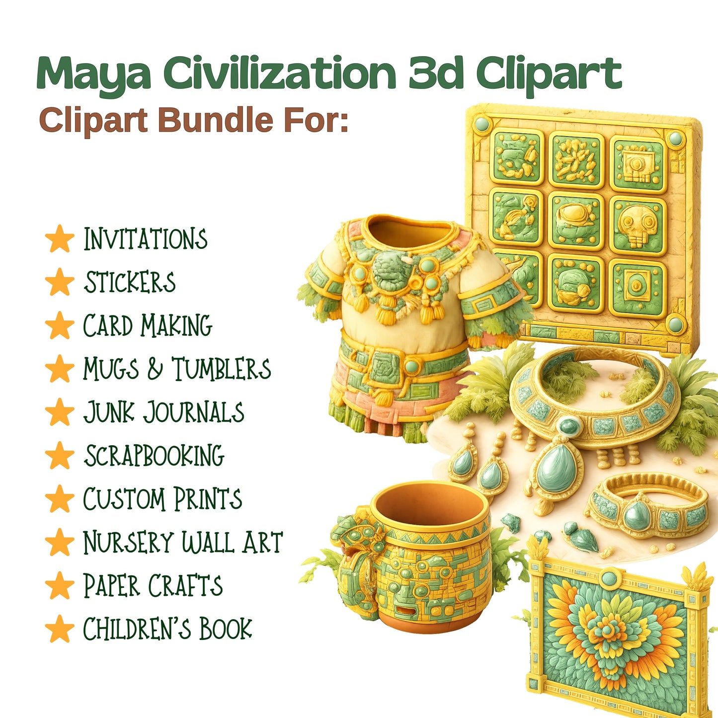 Maya Civilization Clipart Bundle – 50 Ancient Mayan 3D PNG Files for History, Crafts & Education