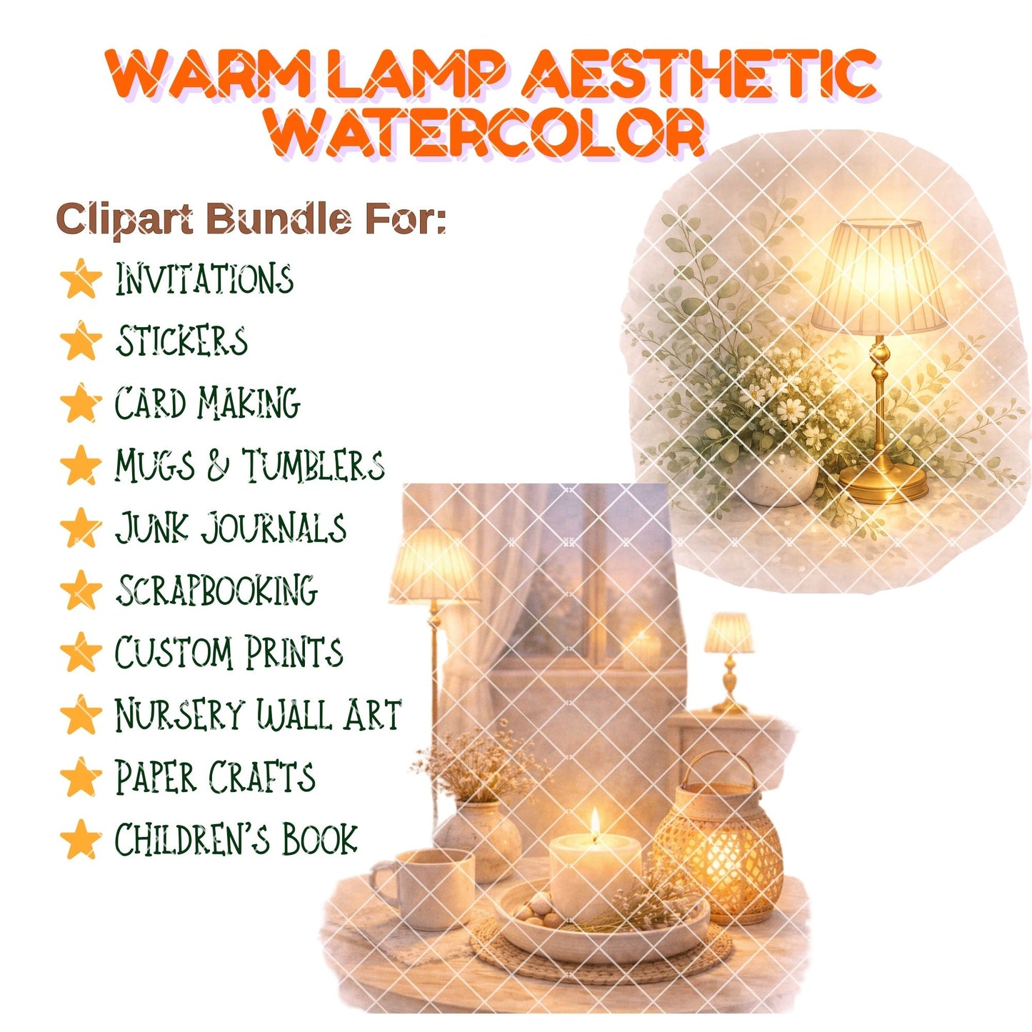 Cozy Lamp Clipart – 55 Watercolor Lighting PNG Files – Table Lamps, Candles & Hygge Home Decor Graphics
