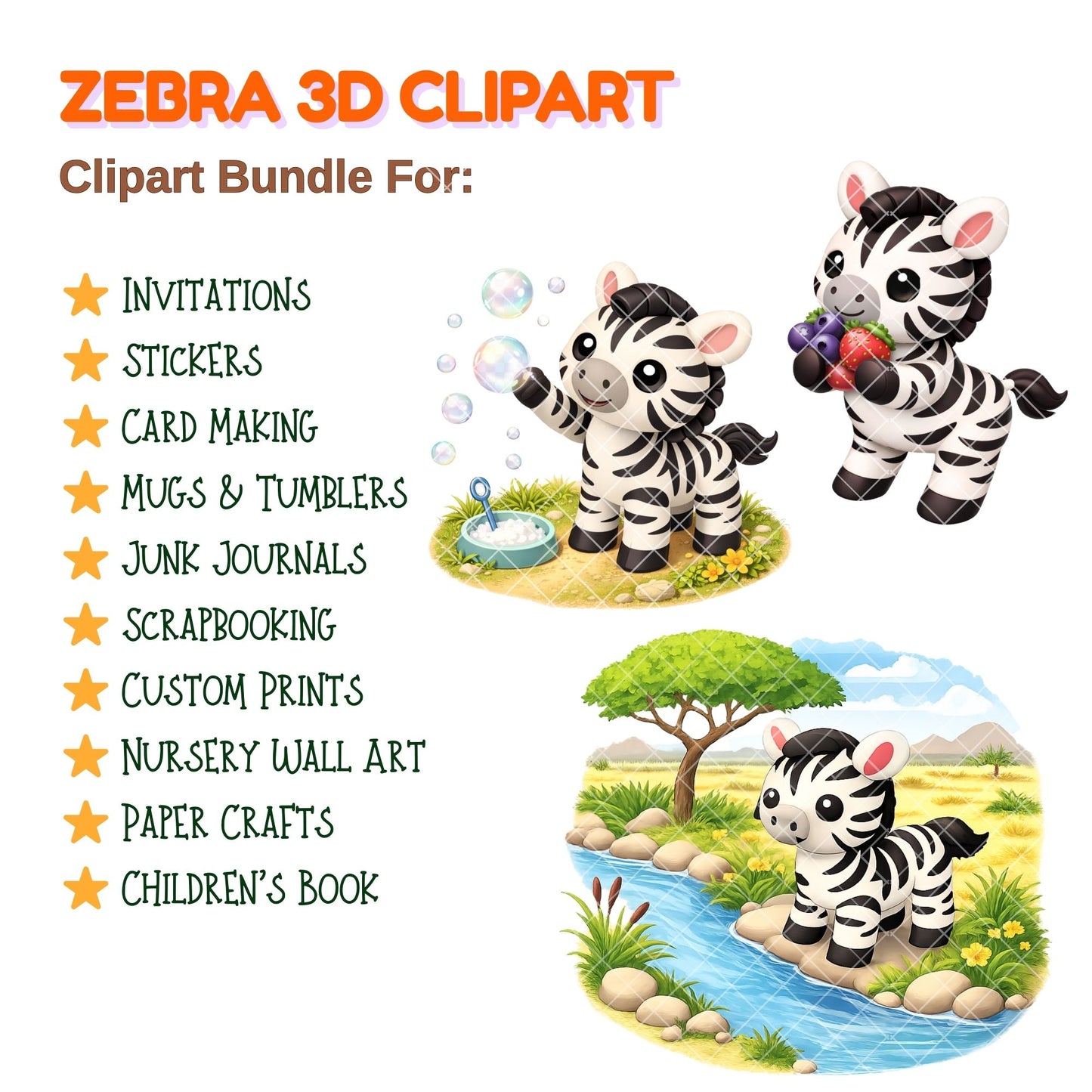 Zebra 3D Clipart – 43 Baby Zebra PNG Files – Cute Safari Jungle Animal Graphics for Nursery & Sublimation