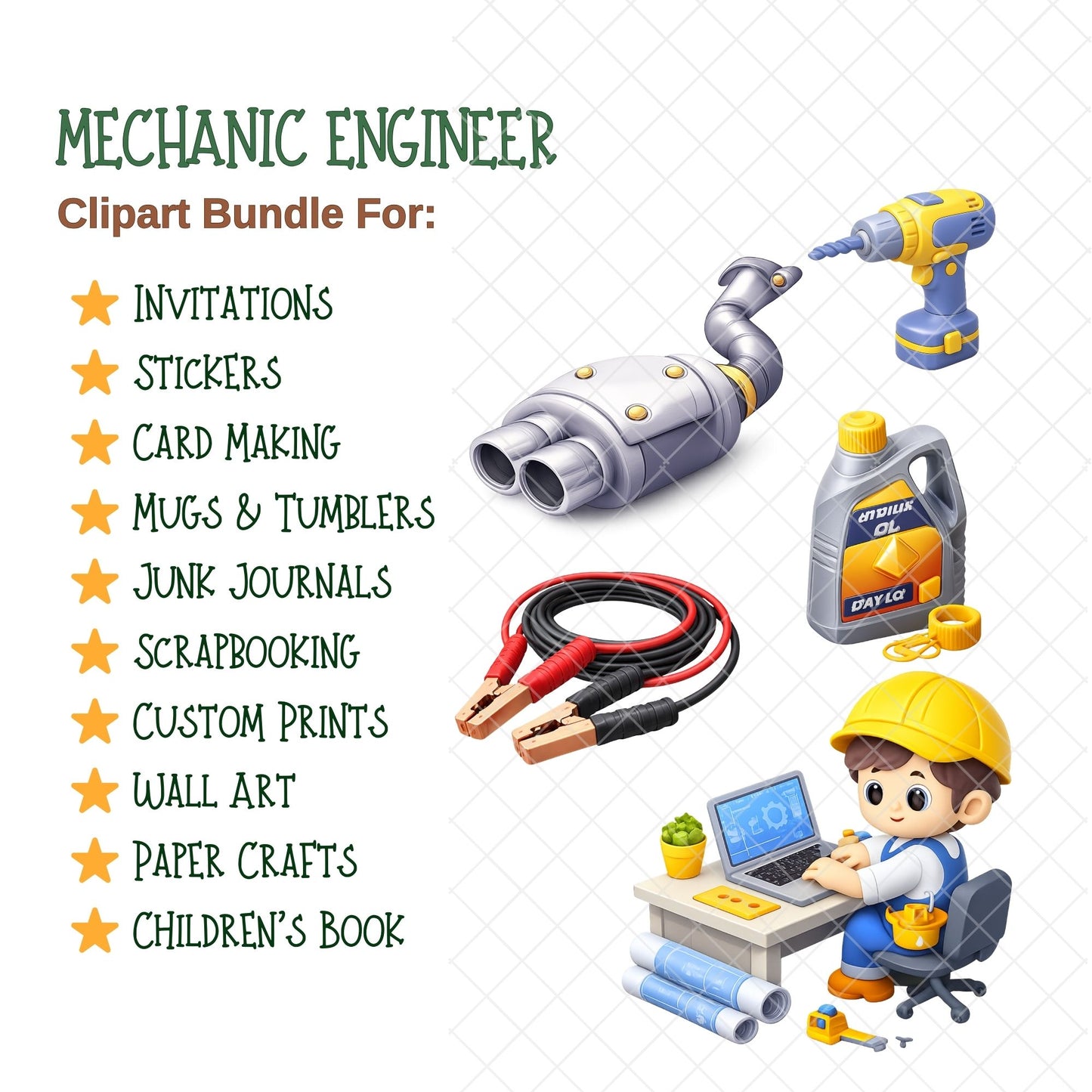 Mechanic and Engineer PNG Clipart, STEM Tools & Blueprints, Kids Crafts & Classroom Graphics, Cartoon Machinery Art, Commercial Use, 49 PNG