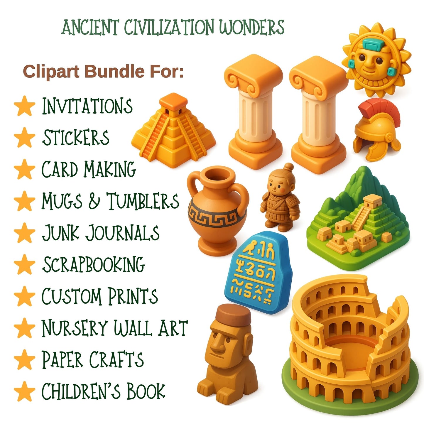 Ancient Civilizations Clipart – 3D History Landmarks PNG | Egypt, Rome, Greece, Maya, World History
