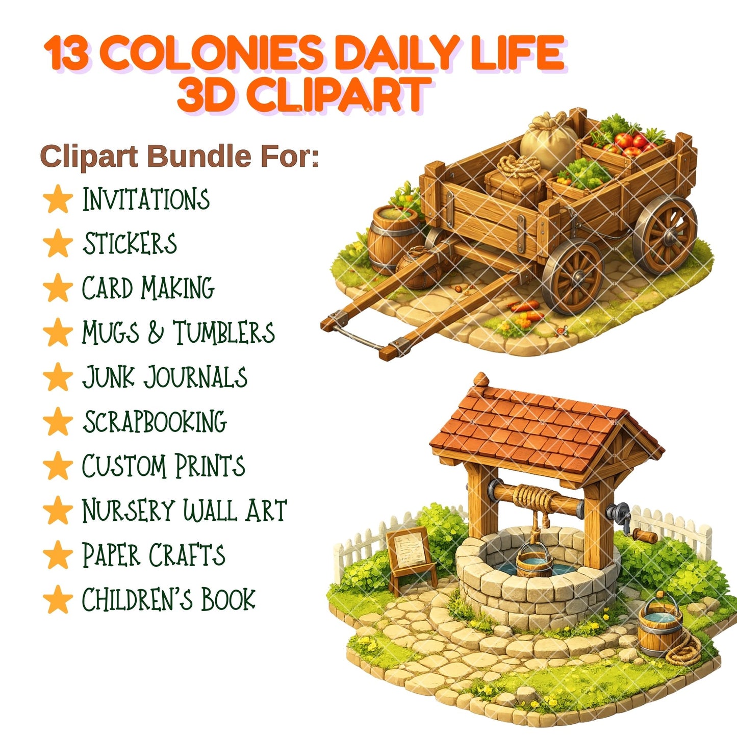 13 Colonies Clipart – Colonial Daily Life PNG Bundle – 54 Early American Homes, Tools & Classroom Graphics