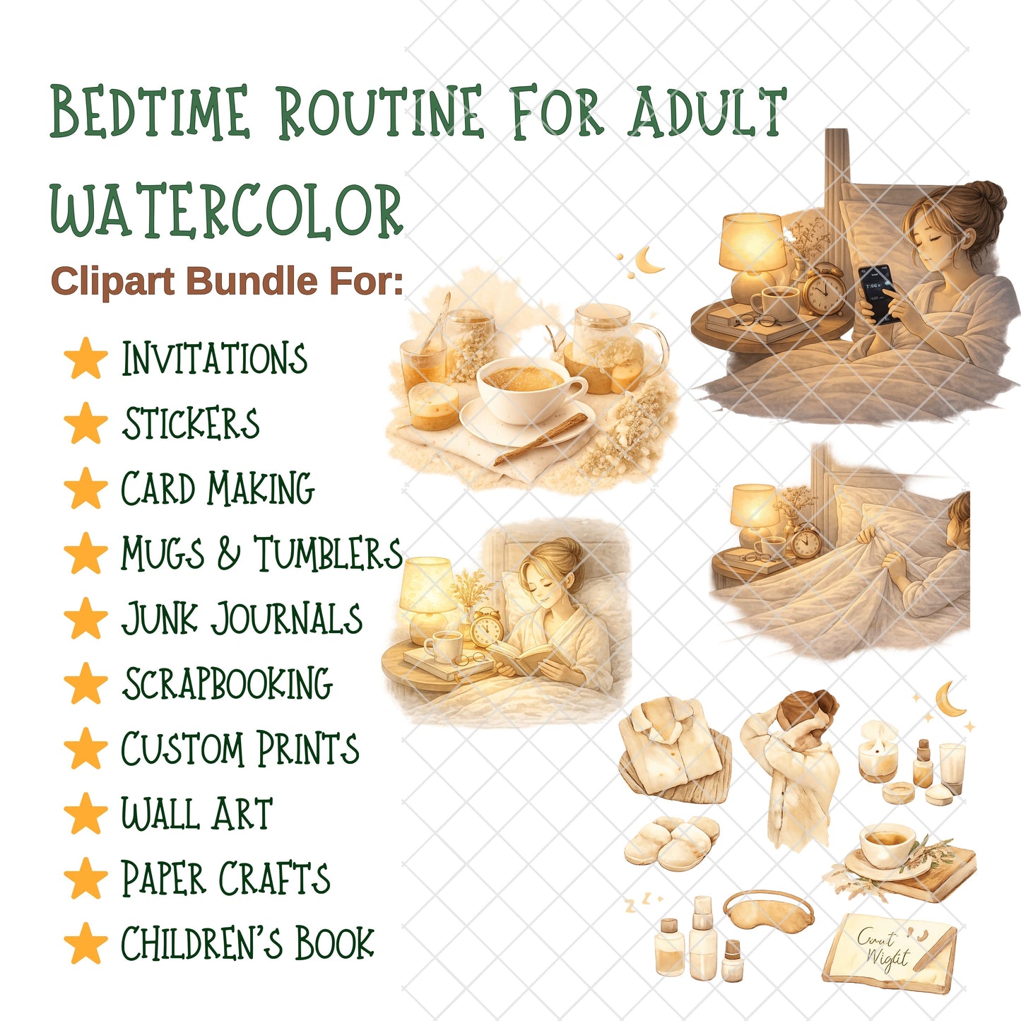 Watercolor Bedtime Routine Clipart – 55 Cozy Self-Care PNGs | Night Routine, Wellness Planner, Calm Aesthetic