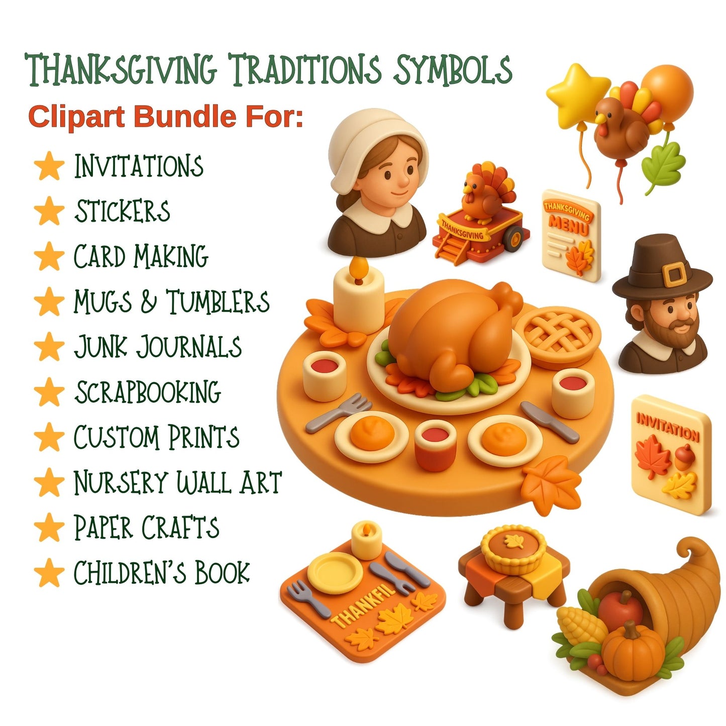 Thanksgiving & Autumn 3D Clipart – 52 PNG Fall Leaves, Turkey, Pumpkins & Harvest Decor