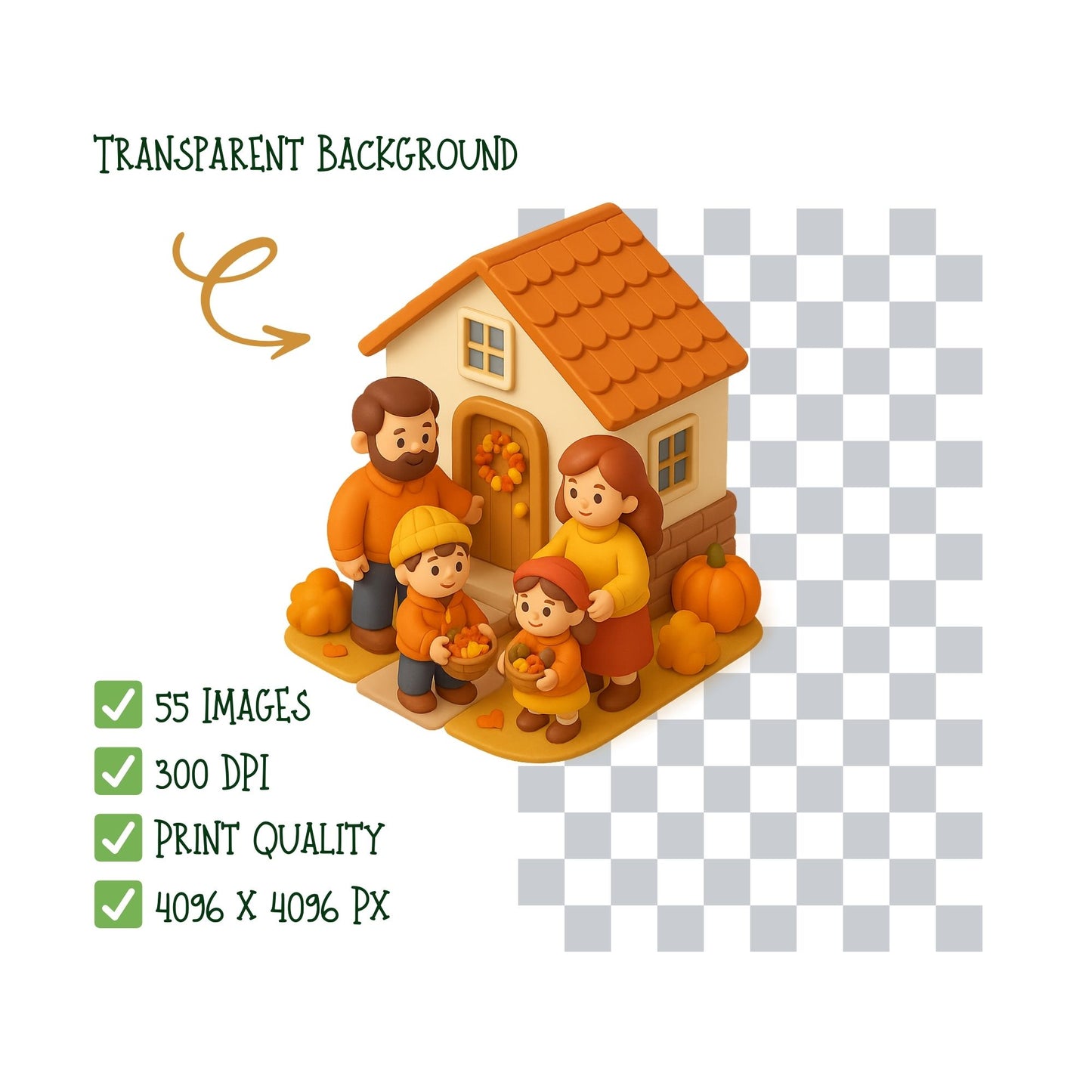 Thanksgiving Family Clipart | 3D Autumn Dinner PNG | Fall Family Activities | Cute Thanksgiving PNG | 55 Files Digital Download