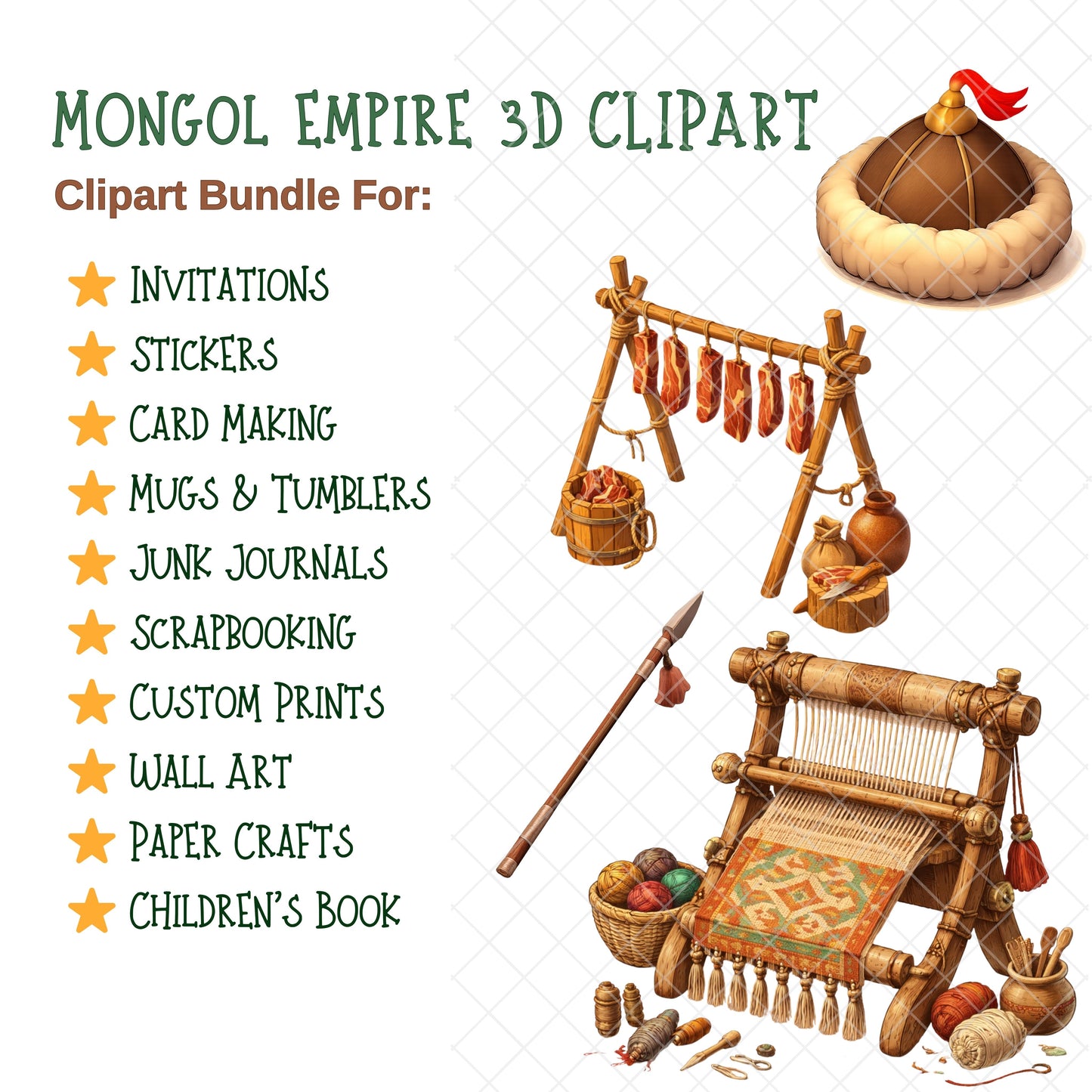 Mongol Empire Clipart Bundle – Warriors, Horses & Nomadic Life PNG, Ancient History Classroom Graphics, Educational 3D Art, 52 PNG