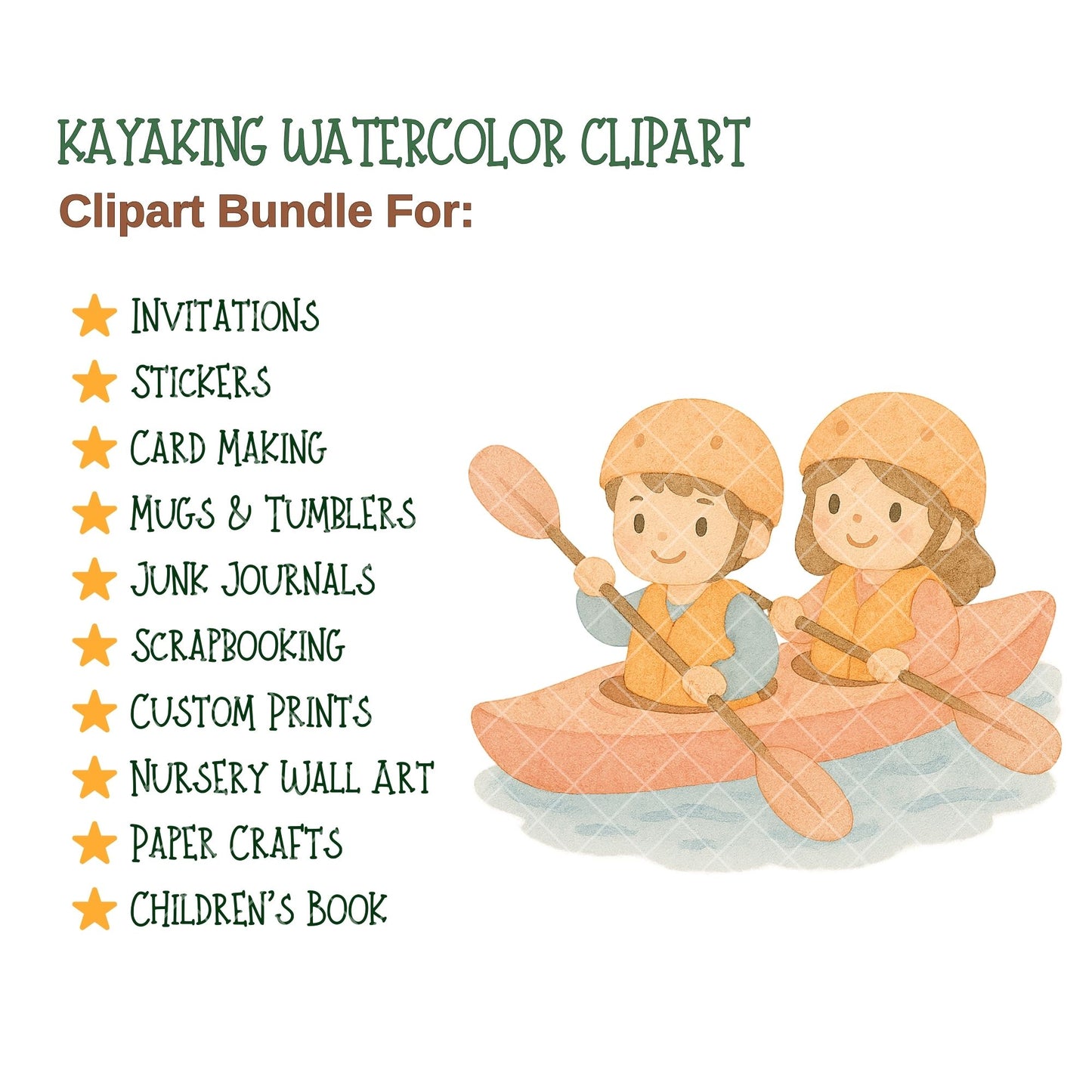 Kayaking Watercolor Clipart, Adventure Sports PNG Bundle, Outdoor Kayak Art, Camping & Summer Graphics