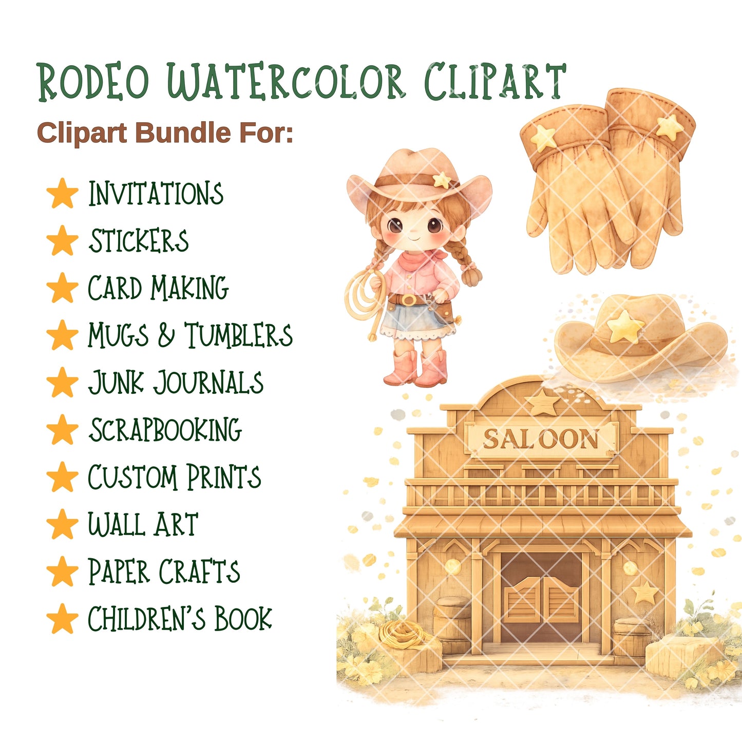 Rodeo Watercolor Clipart Set – Cowboy Kids & Western PNG, Bull Riding, Barn & Farm Art for Parties, Crafts & Classrooms, 54 PNG