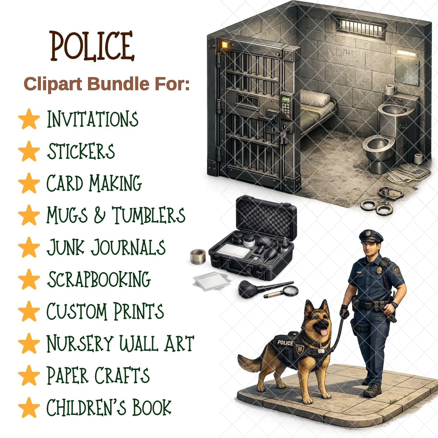 Police 3D Clipart PNG Bundle – 48 Officers, SWAT, Detectives & K9 Unit Graphics for Classroom & Crafts