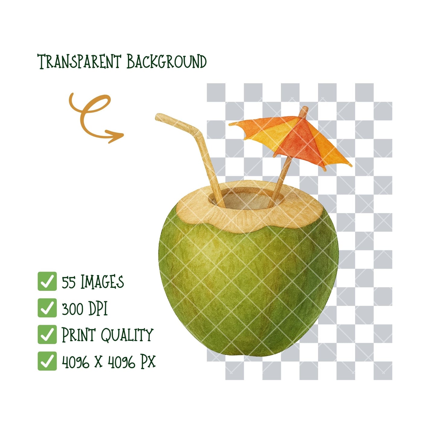 Tropical Watercolor Clipart PNG | Summer Drinks & Beach Icons | Tropical Paradise Art | Vacation Clipart | Commercial Use